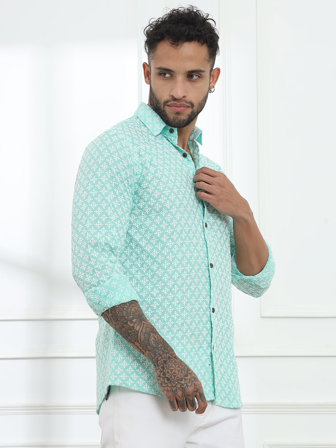 Firangi Yarn Super Soft Full Sleeves Chikankari schiffli Embroided Men's Shirt Sea Green