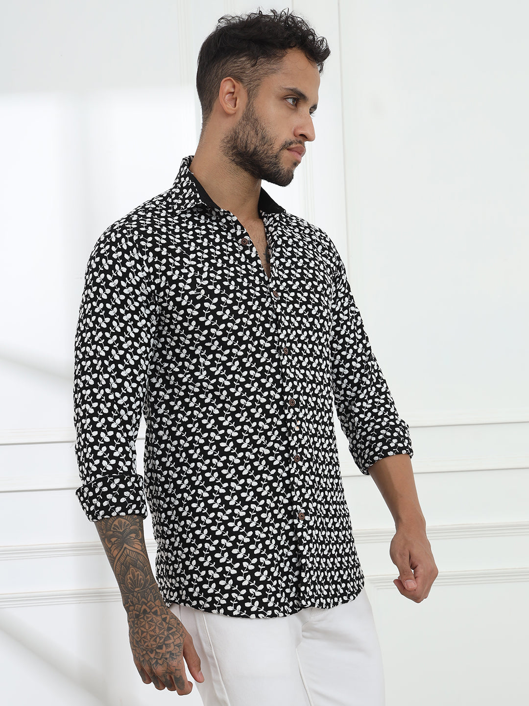 Firangi Yarn Super Soft Full Sleeves Chikankari Schiffli Embroided Men's Shirt- Black