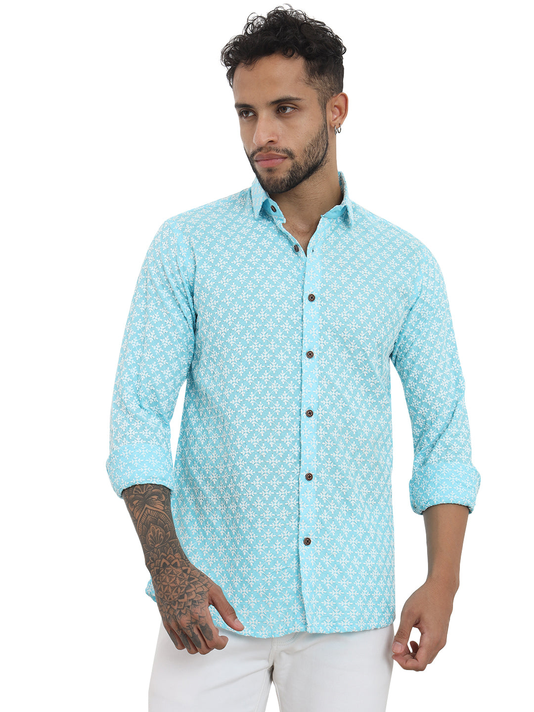 Firangi Yarn Super Soft Full Sleeves Chikankari schiffli Embroided Men's Shirt Sky Blue