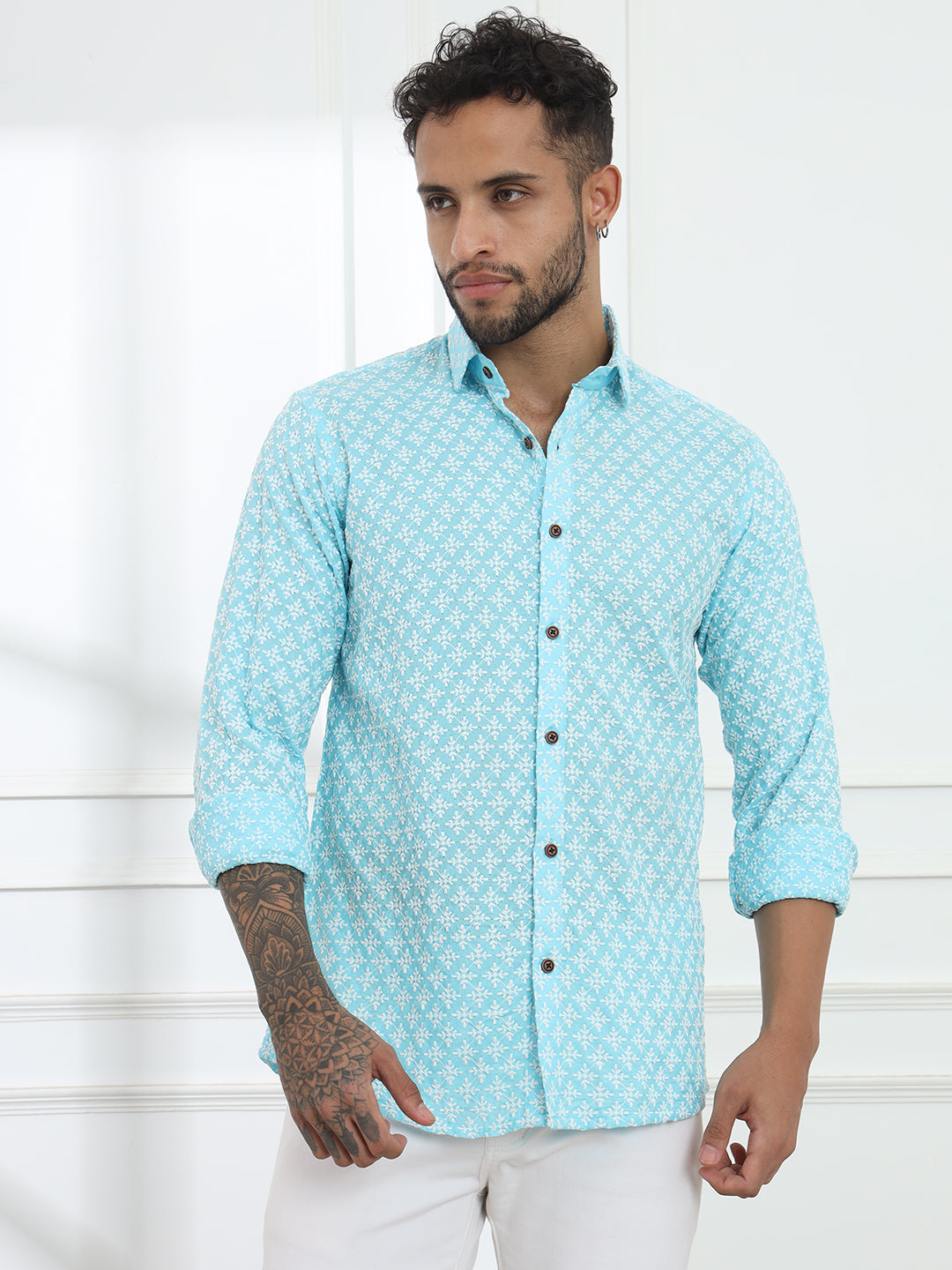Firangi Yarn Super Soft Full Sleeves Chikankari schiffli Embroided Men's Shirt Sky Blue