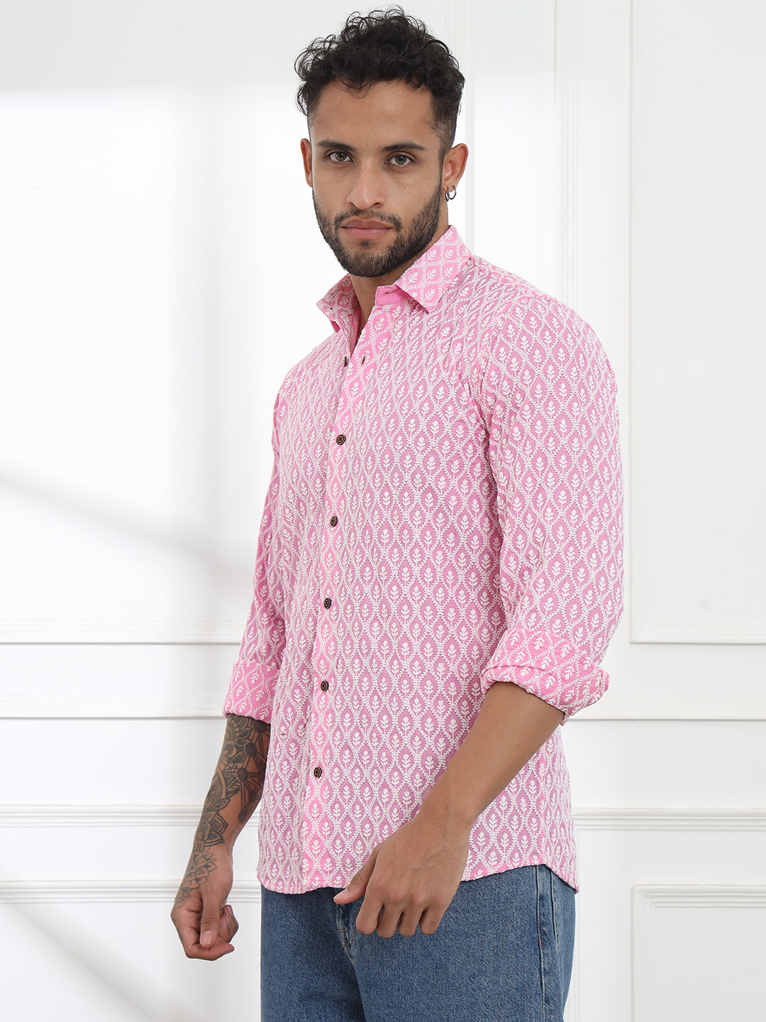 Firangi Yarn Super Soft Full Sleeves Chikankari schiffli Embroided Men's Shirt Pink