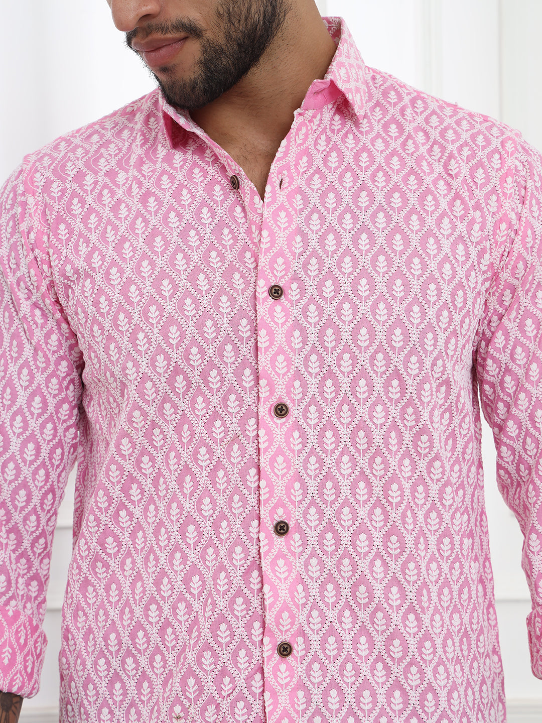 Firangi Yarn Super Soft Full Sleeves Chikankari schiffli Embroided Men's Shirt Pink