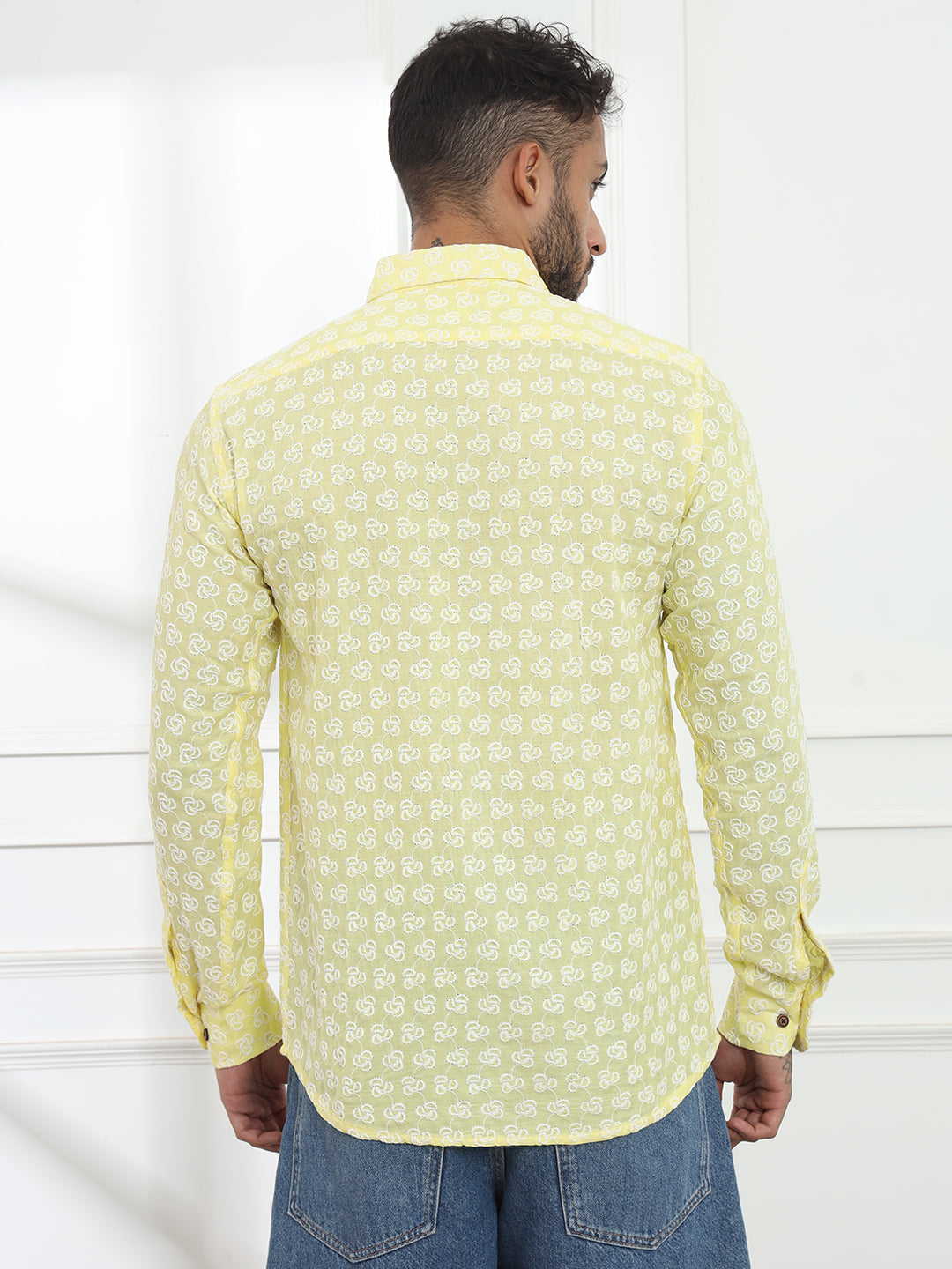 Laddoo Peela Yellow Firangi Yarn Super Soft Full Sleeves Chikankari schiffli Embroided Men's Shirt