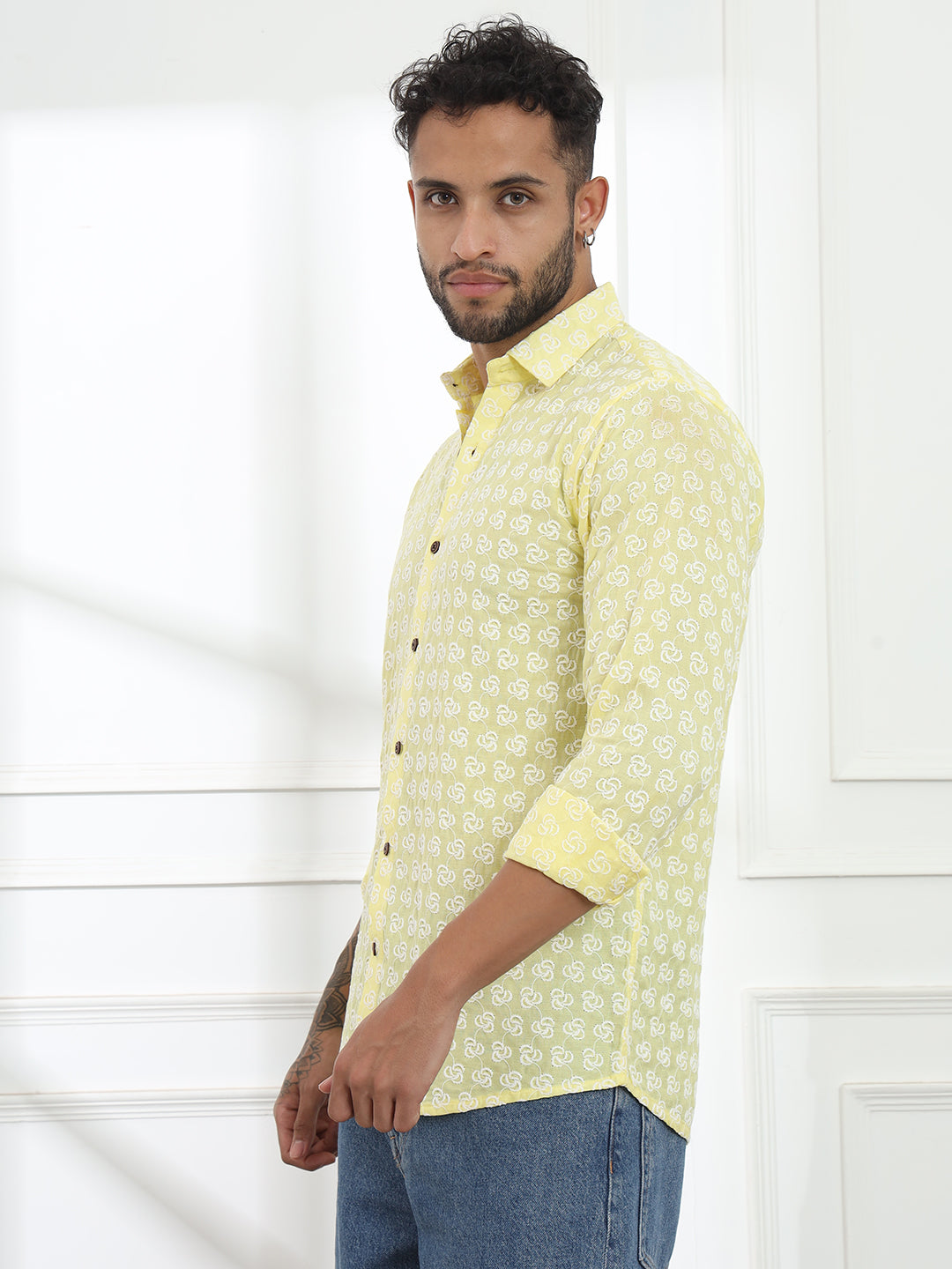 Laddoo Peela Yellow Firangi Yarn Super Soft Full Sleeves Chikankari schiffli Embroided Men's Shirt