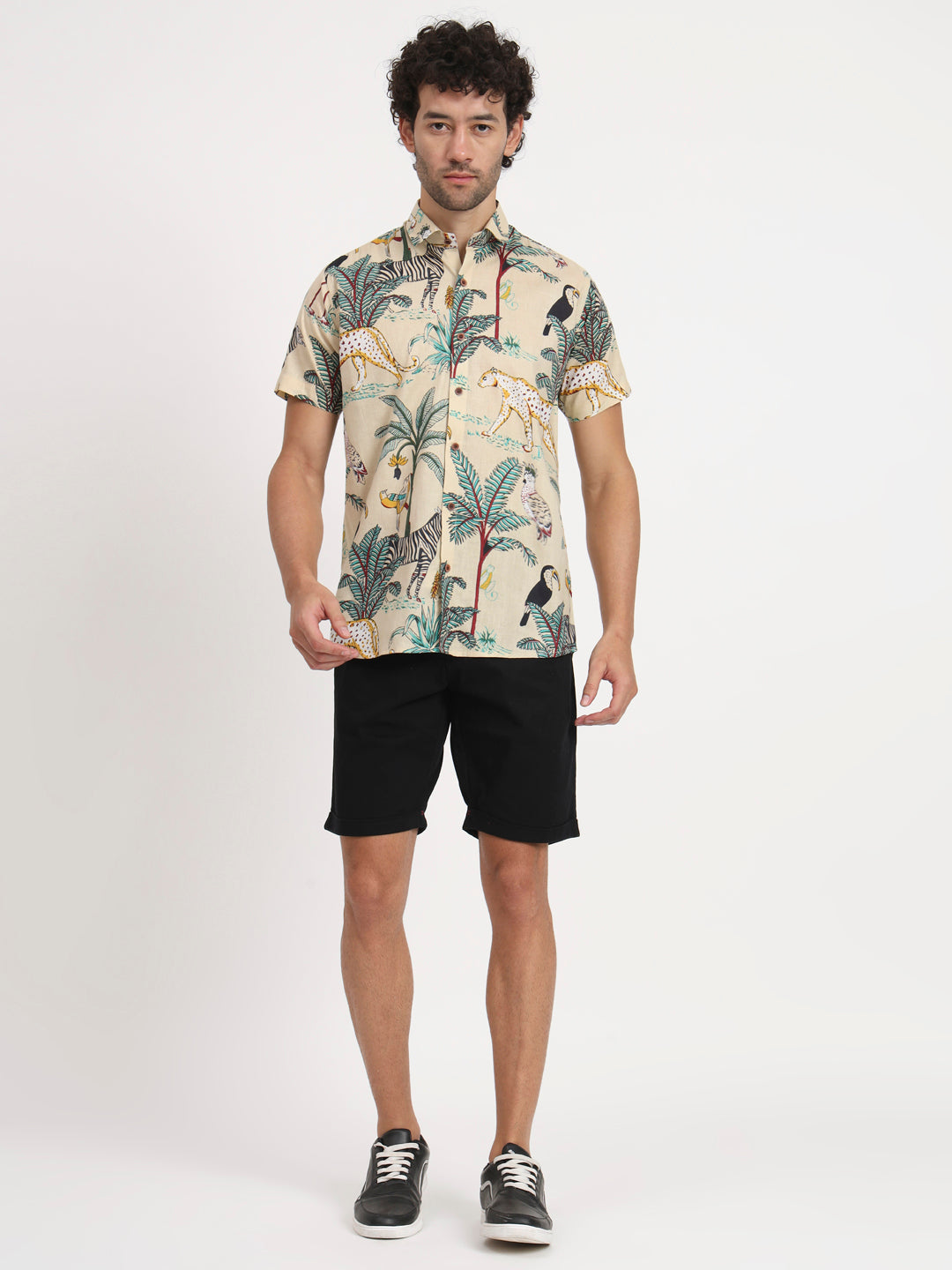Firangi Yarn Floral Printed Cotton Beige Botanical Shirt For Men | Indian Printed Beach Shirt