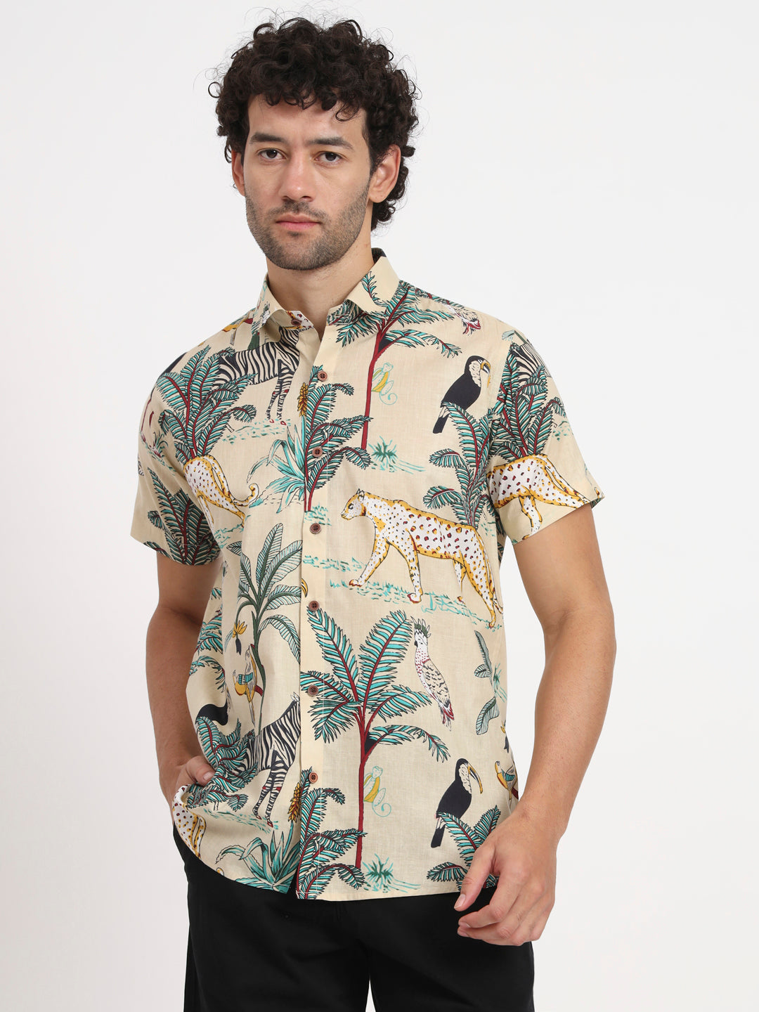 Firangi Yarn Floral Printed Cotton Beige Botanical Shirt For Men | Indian Printed Beach Shirt