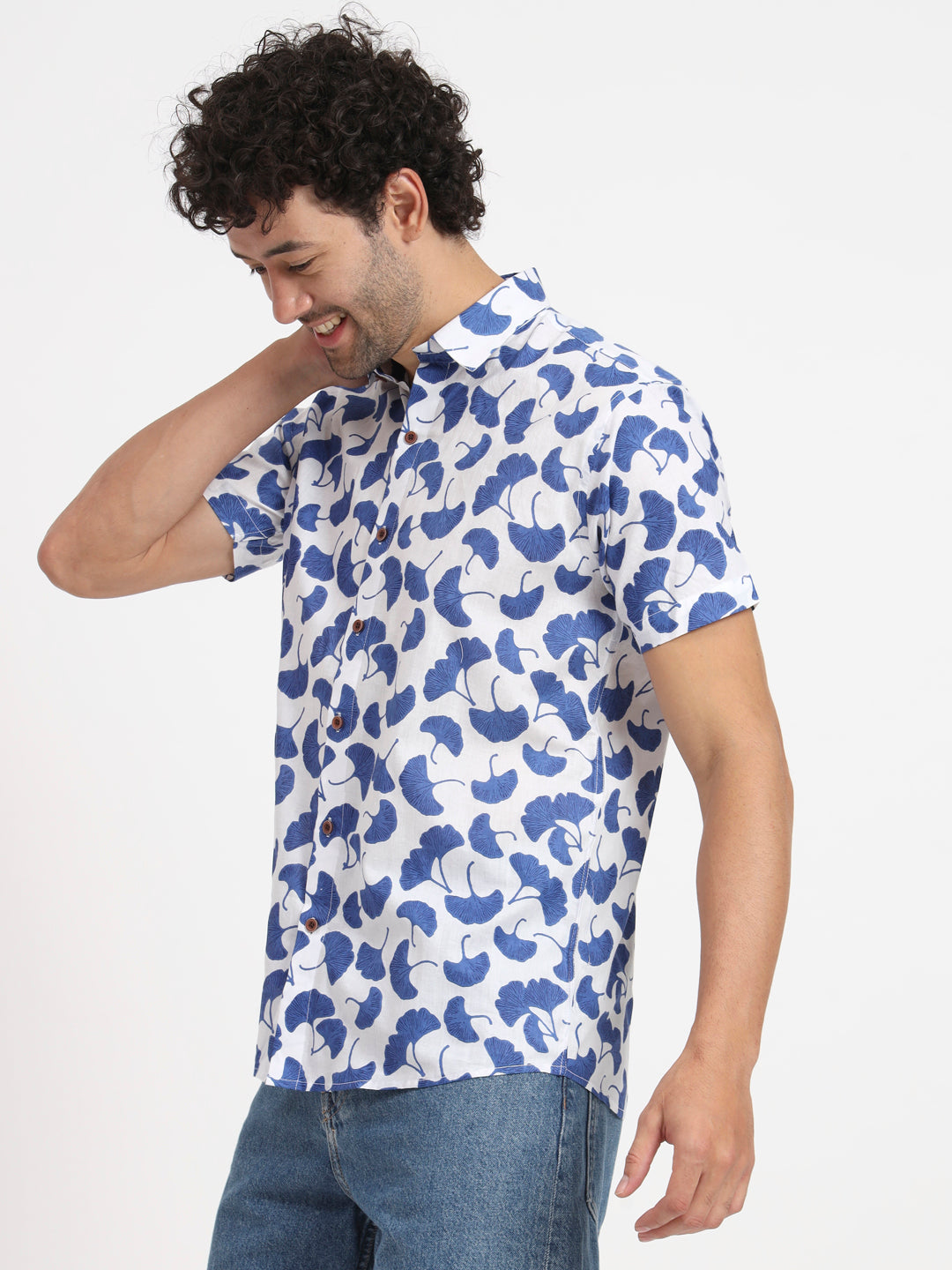Firangi Yarn Floral Printed Cotton White and Blue Shirt For Men