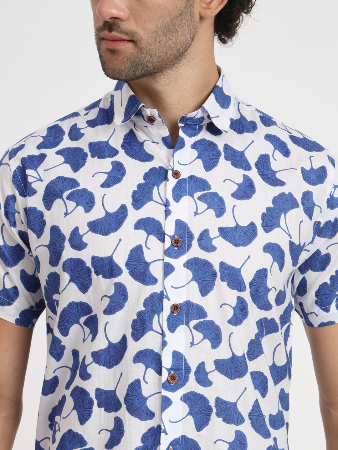 Firangi Yarn Floral Printed Cotton White and Blue Shirt For Men