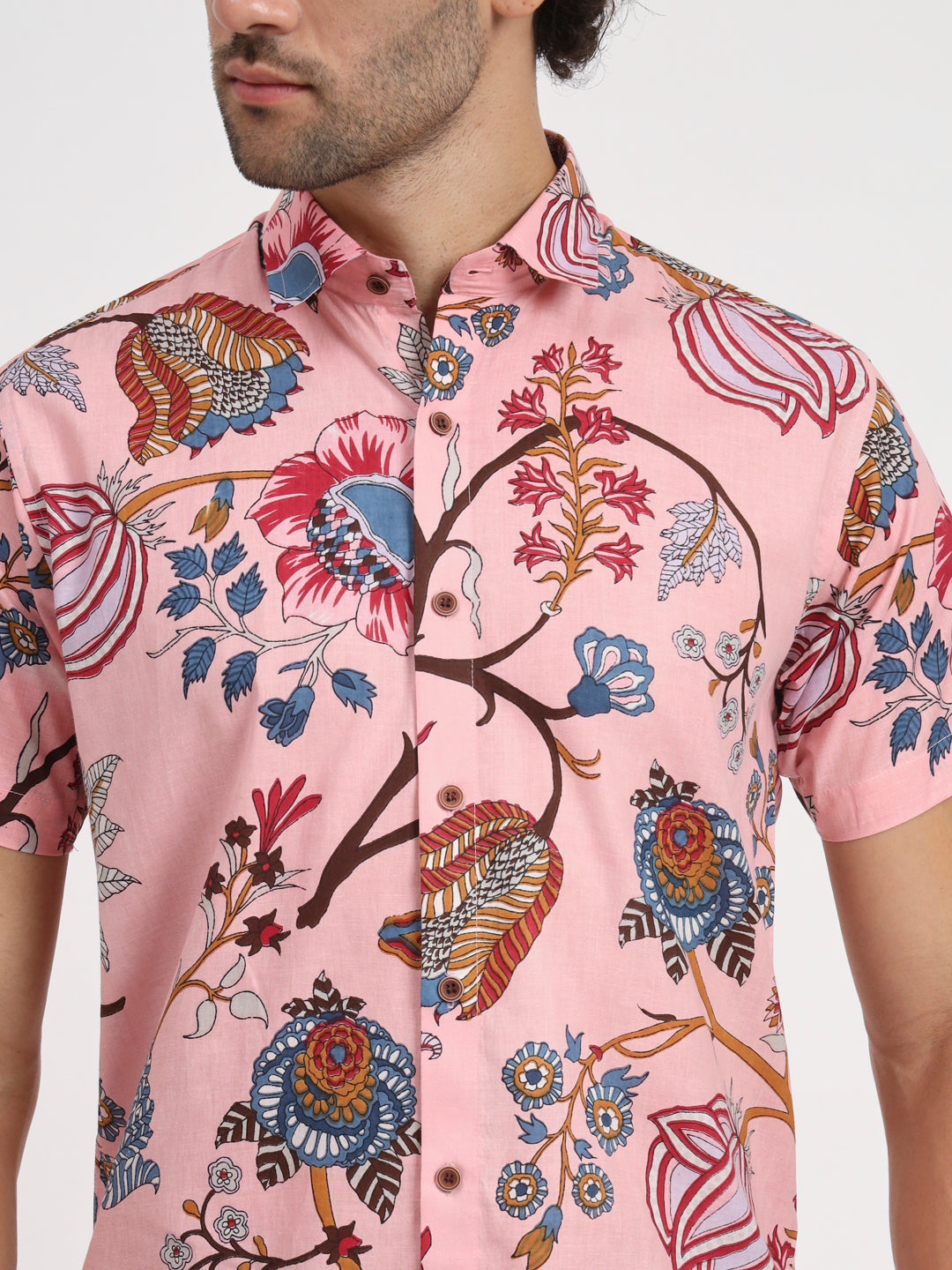 Firangi Yarn Floral Chintz Art Printed Cotton Pink Shirt For Men | Indian Printed Shirt