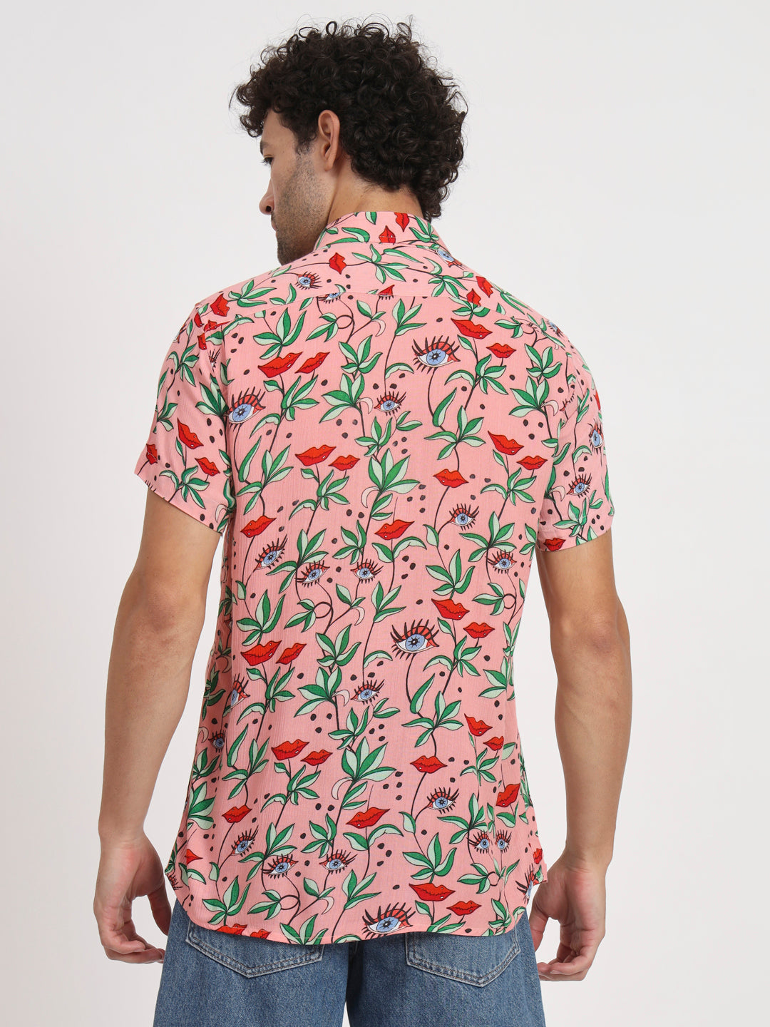 Firangi Yarn Relaxed Fit Super Flowy Re-engineered Cotton Printed Beach Shirt in Half Sleeves (Paris Pink Love)