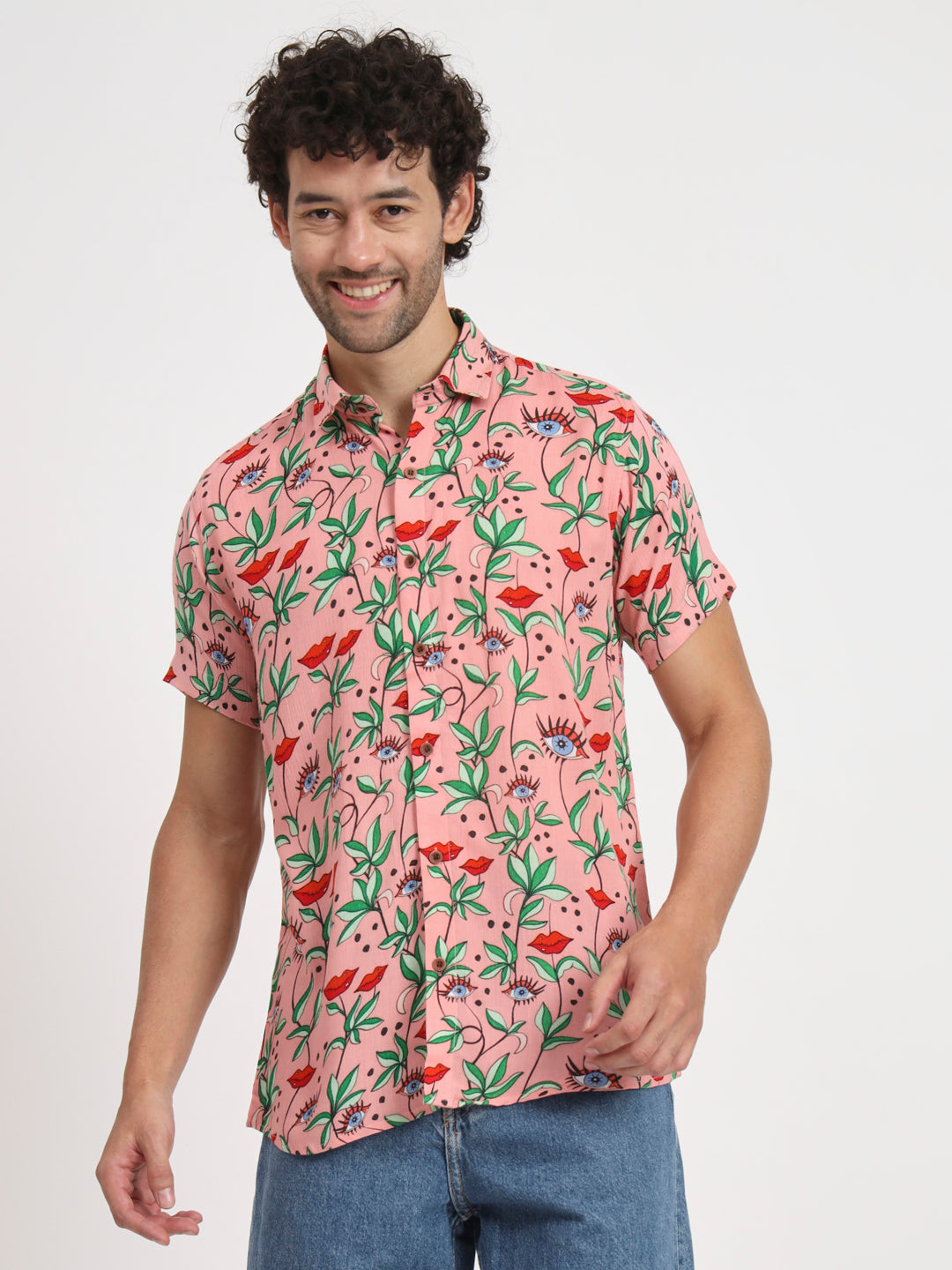 Firangi Yarn Relaxed Fit Super Flowy Re-engineered Cotton Printed Beach Shirt in Half Sleeves (Paris Pink Love)