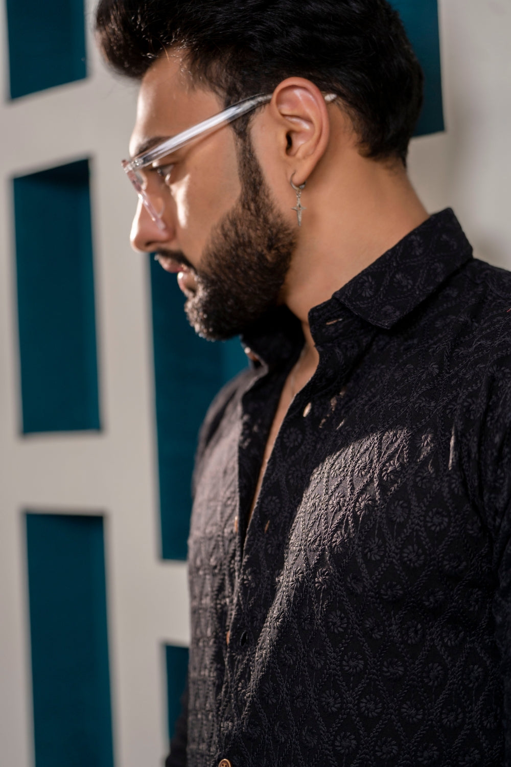 Firangi Yarn Super Soft Full Sleeves Chikankari Schiffli Embroided Men's Shirt- Black