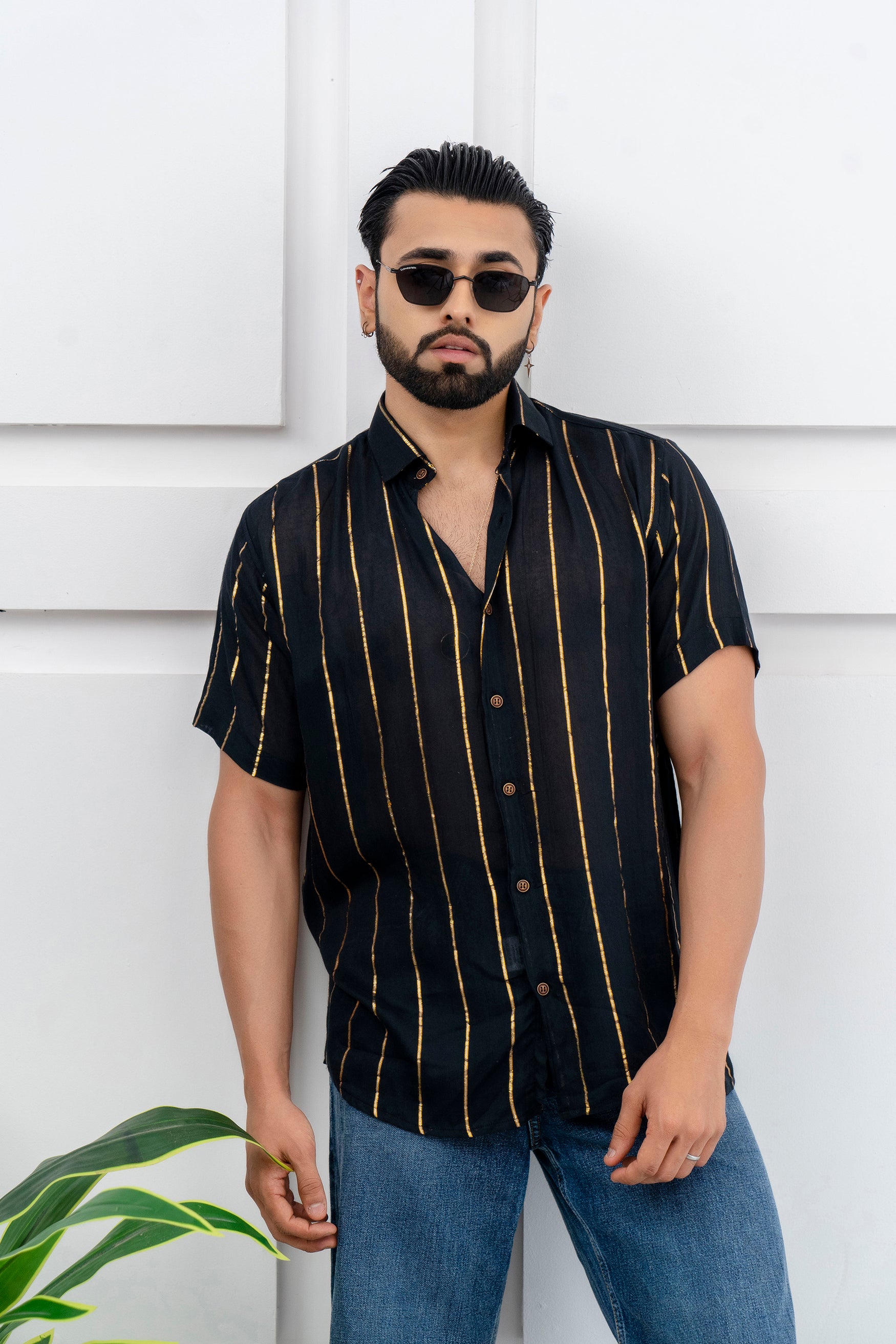 Firangi Yarn Relaxed Fit Super Flowy Re-engineered Cotton Lurex- Half Sleeves Party Shirt Black Gold