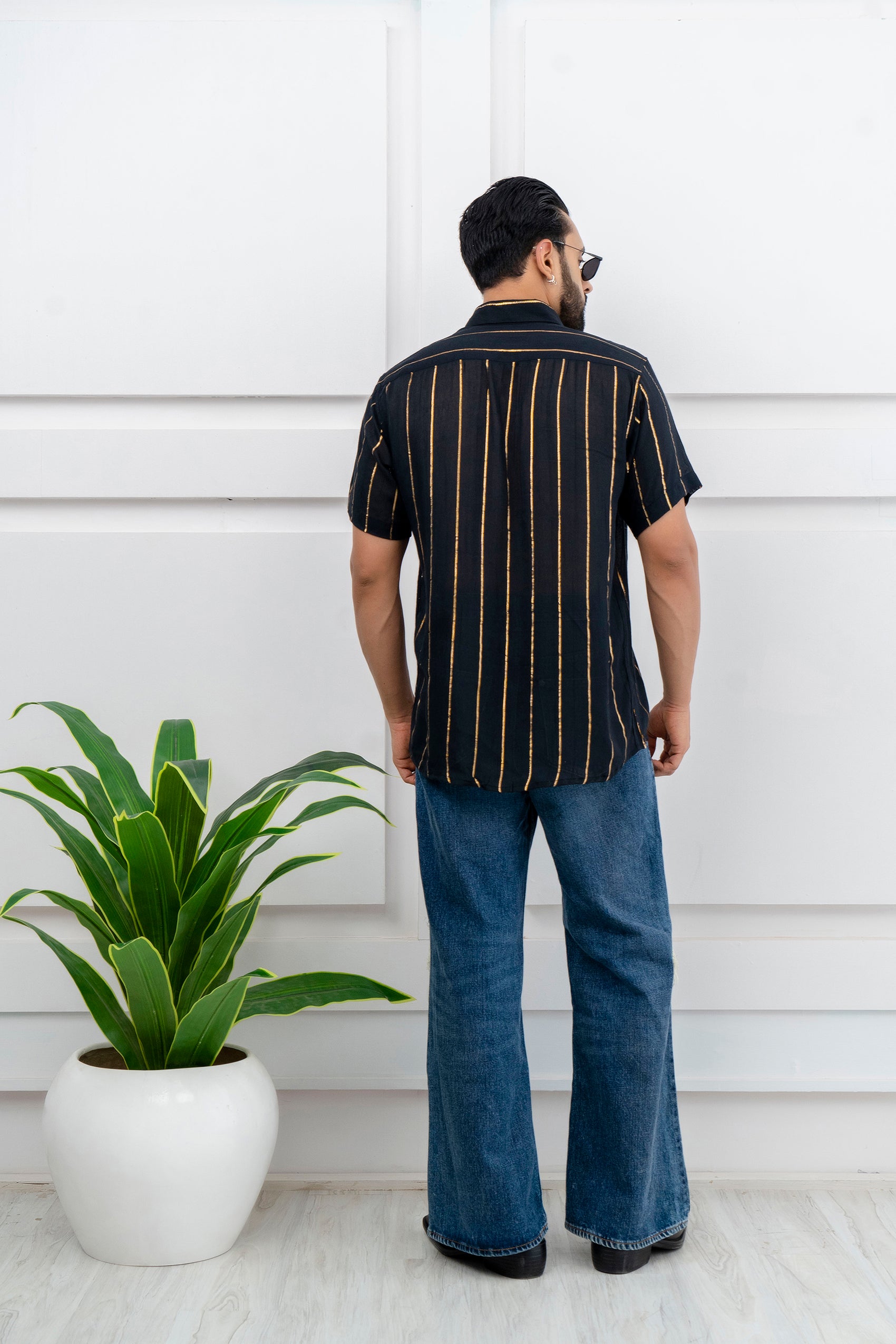 Firangi Yarn Relaxed Fit Super Flowy Re-engineered Cotton Lurex- Half Sleeves Party Shirt Black Gold