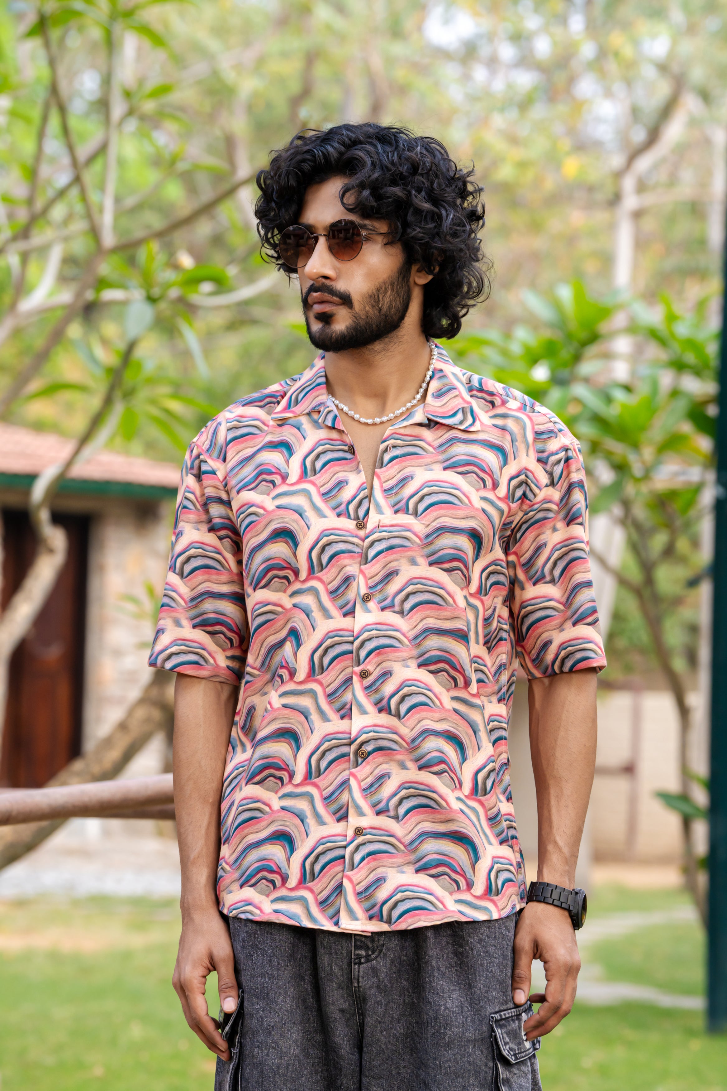 Firangi Yarn Cuban Collar Fusion Printed Oversize Shirt - Abstract Prints