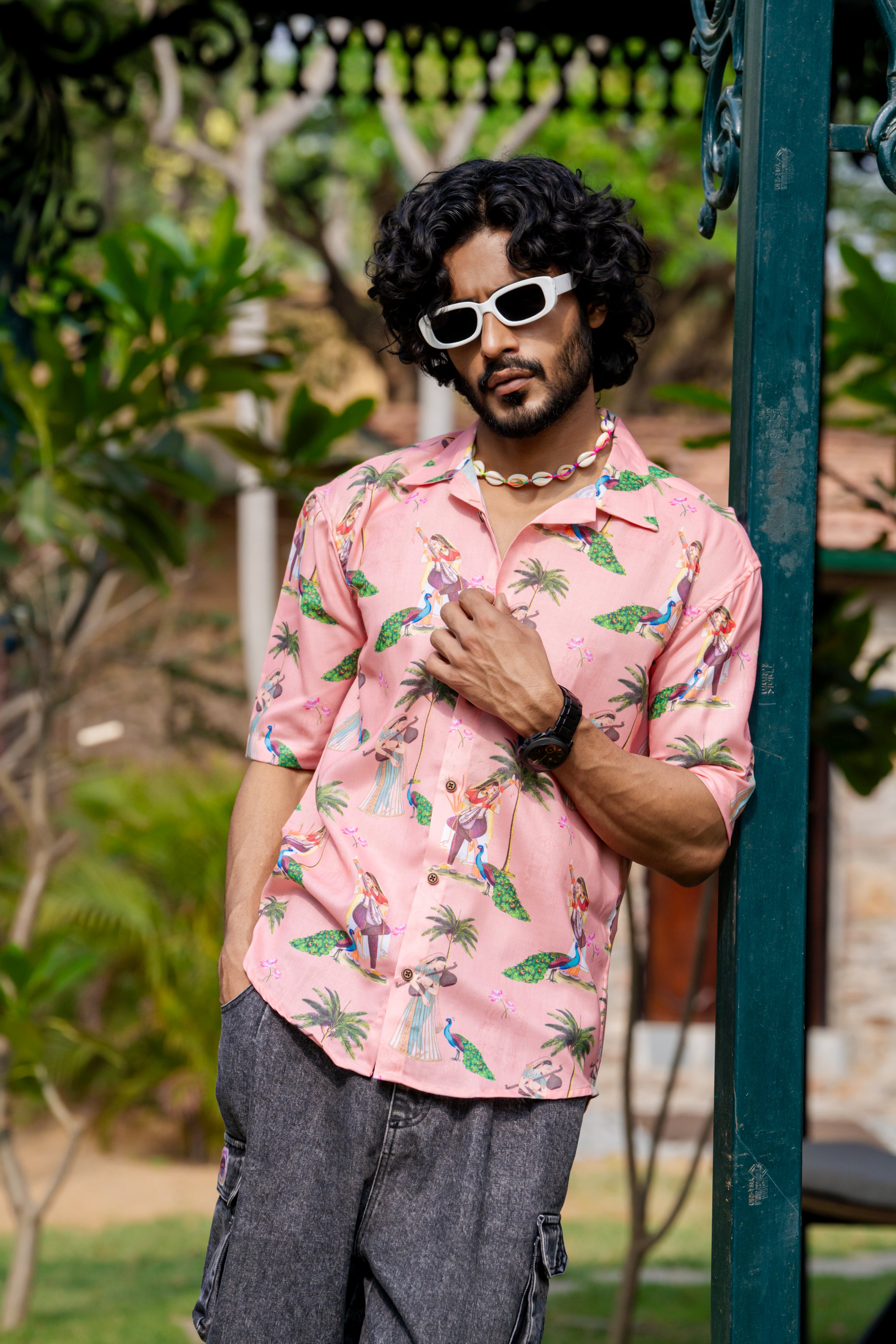 Firangi Yarn Cuban Collar Fusion Printed Oversize Shirt - Pichwai Print