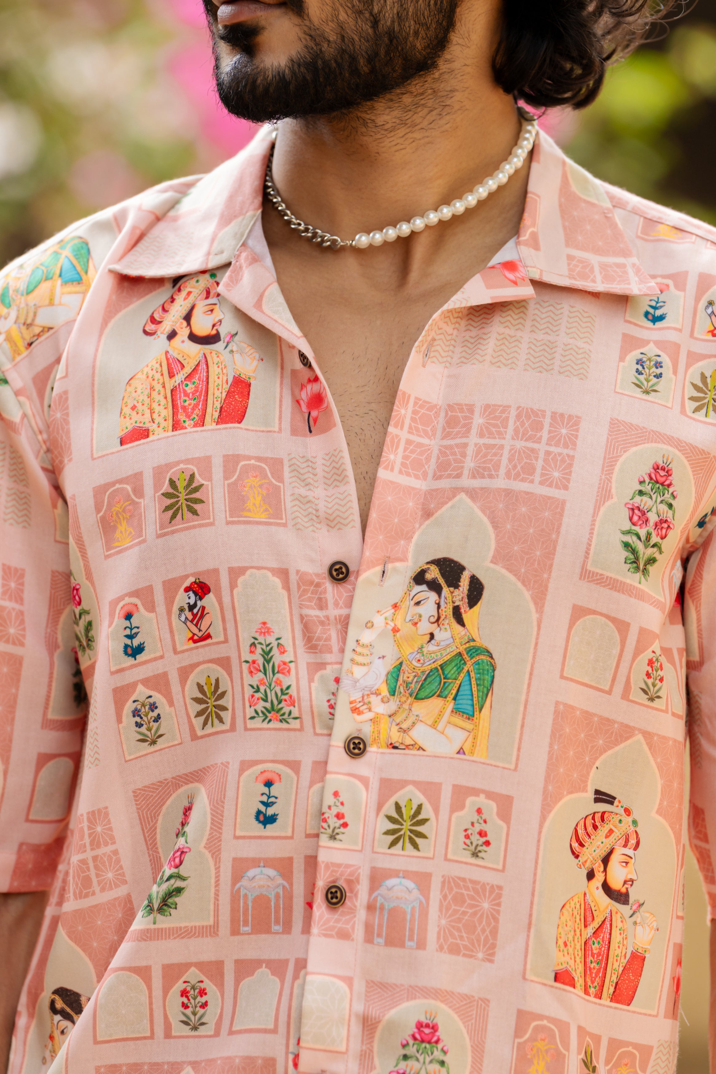 Firangi Yarn Cuban Collar Fusion Printed Oversize Shirt - Mughal Prints