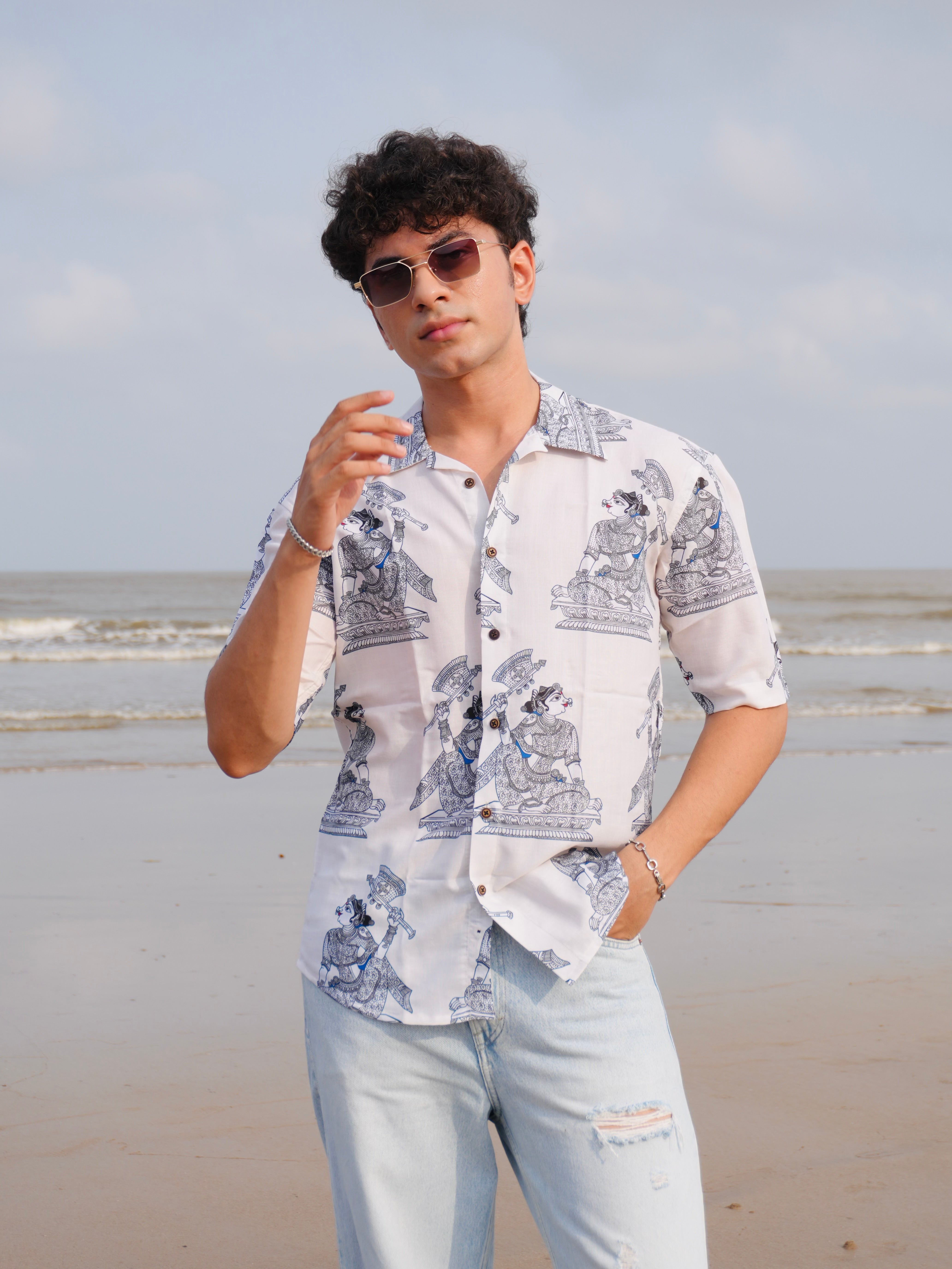 Firangi Yarn Linen Cuban Collar Fusion Printed Oversize Shirt - Madhubani White