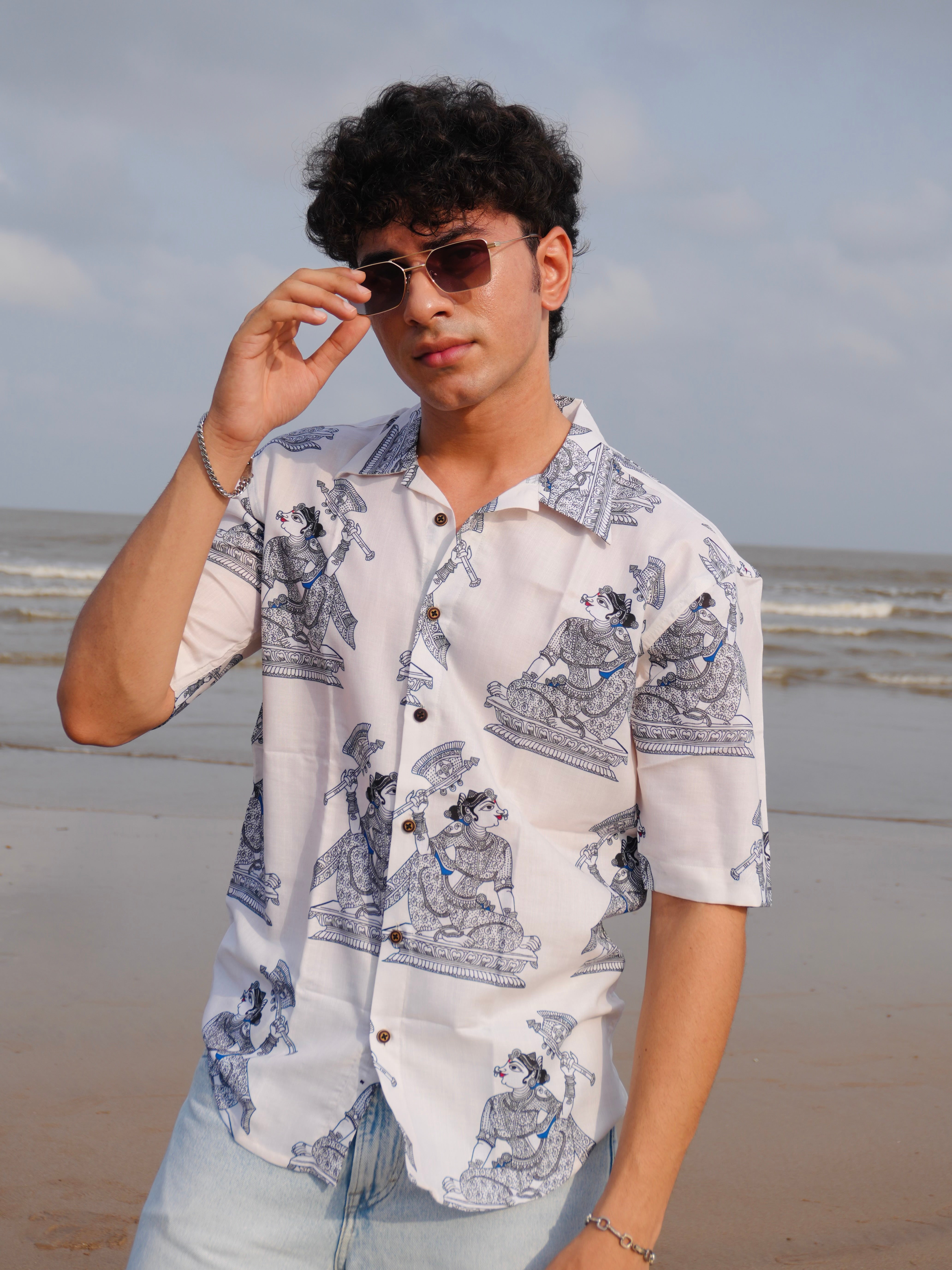 Firangi Yarn Linen Cuban Collar Fusion Printed Oversize Shirt - Madhubani White