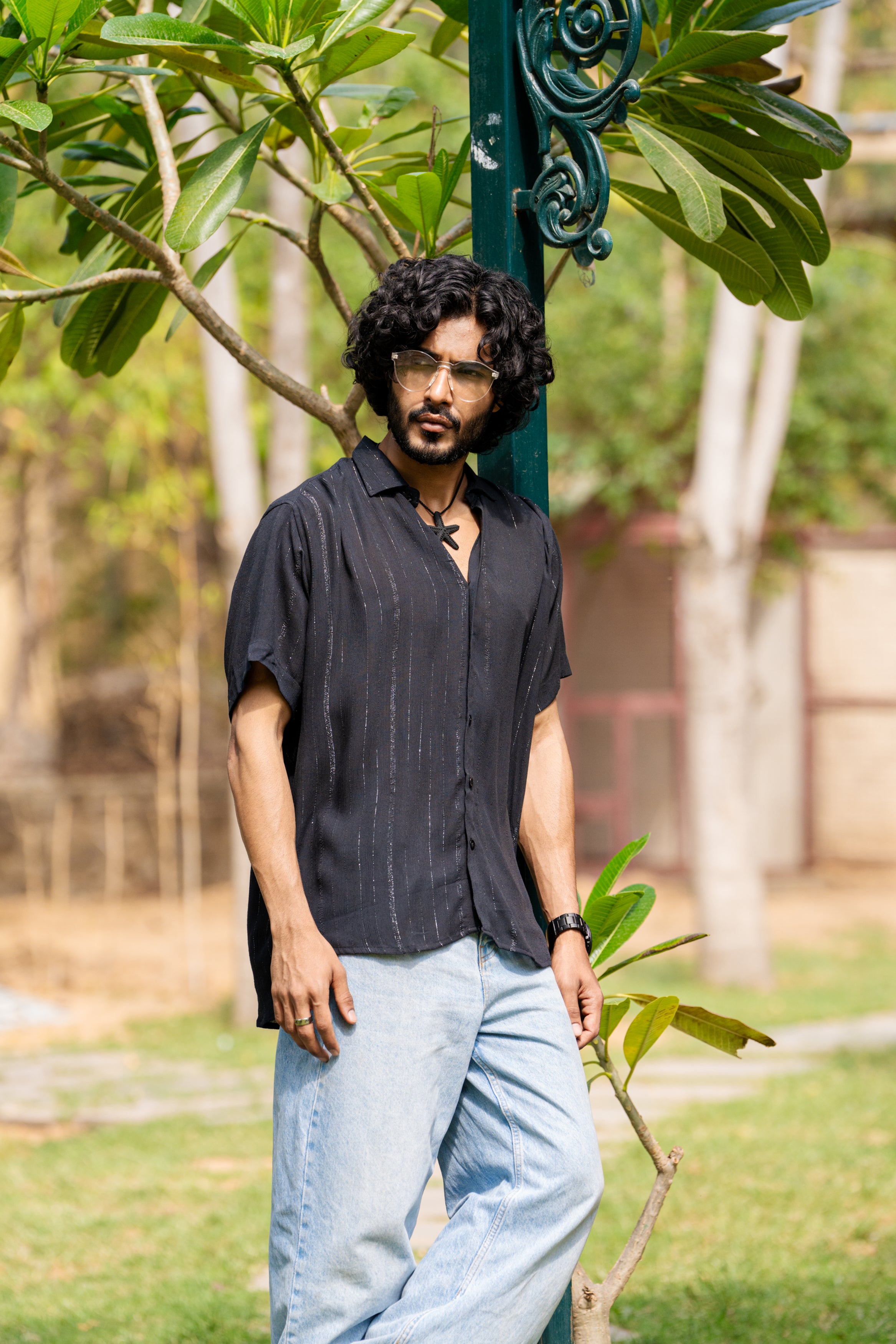 Firangi Yarn Relaxed Fit Super Flowy Re-engineered Cotton Lurex- Half Sleeves Party Shirt Black Silver