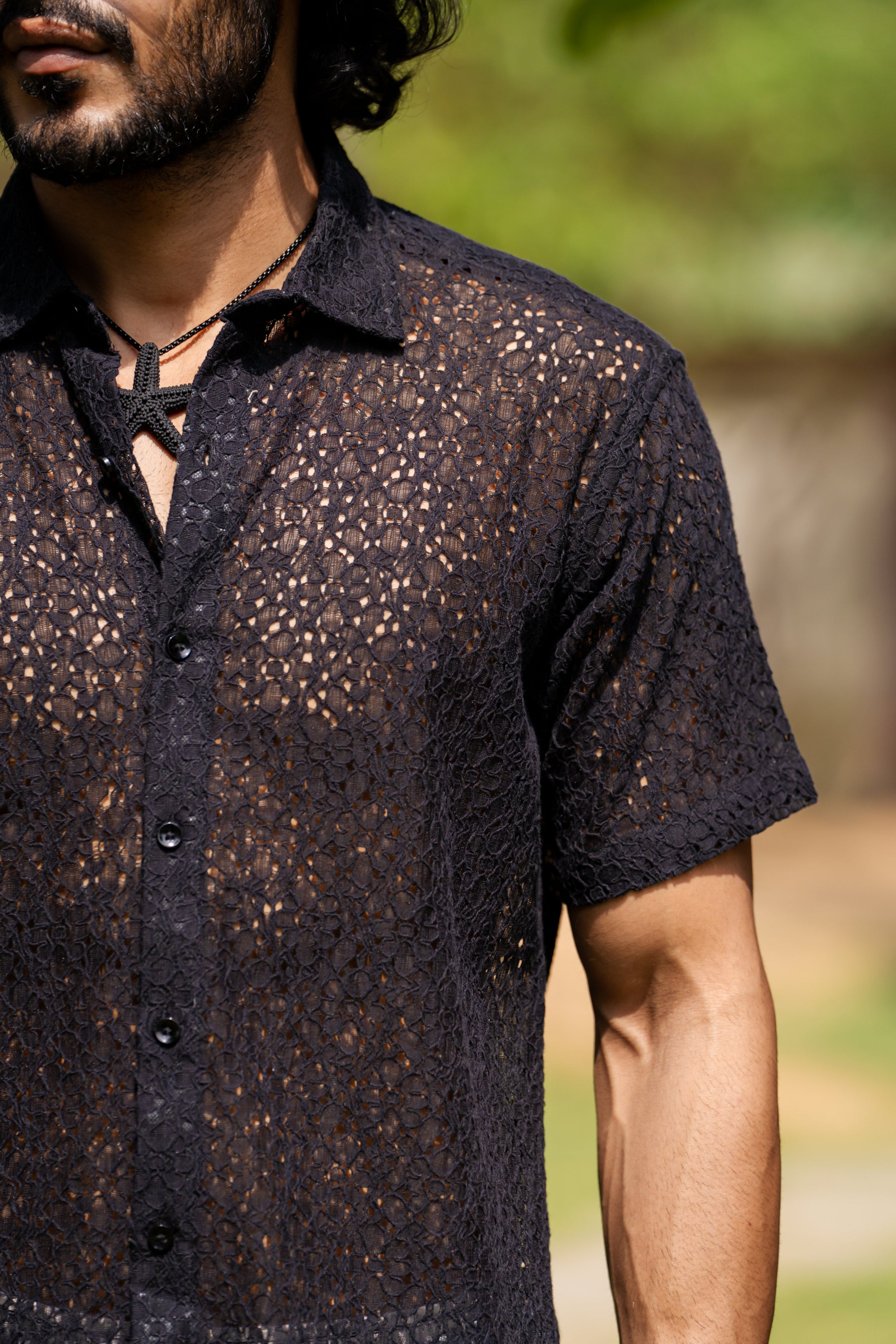 Firangi Yarn Crochet Cotton Jet Black Floral Lace Shirt For Men 2024 - Half Sleeves (Take One Size Bigger Than Your Usual Size)