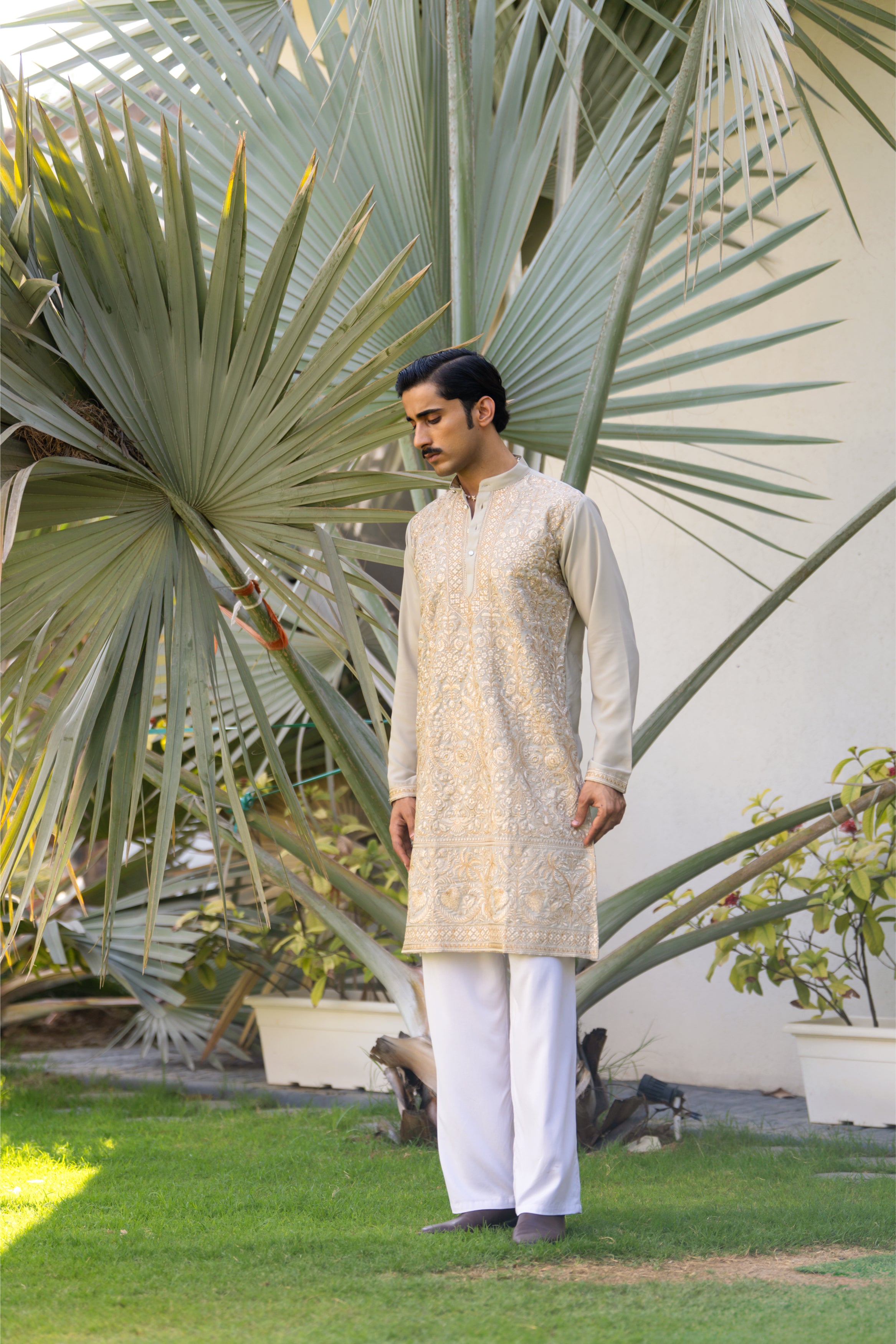 Firangi Yarn Swarna Olive Embroidered Men’s Kurta | Gold Thread Work Kurta