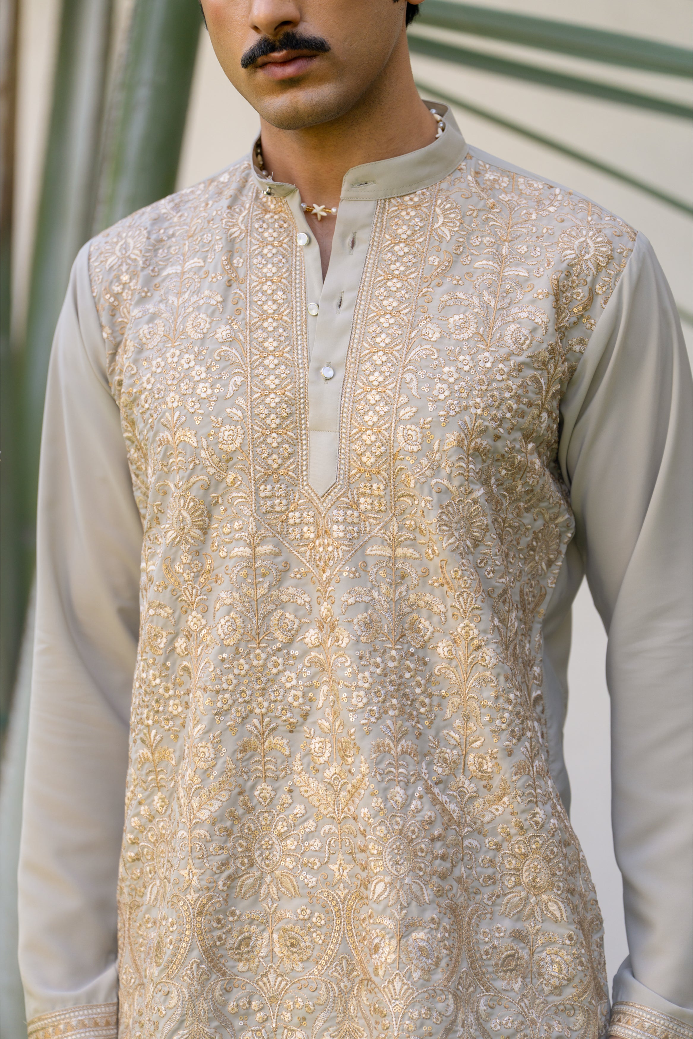 Firangi Yarn Swarna Olive Embroidered Men’s Kurta | Gold Thread Work Kurta