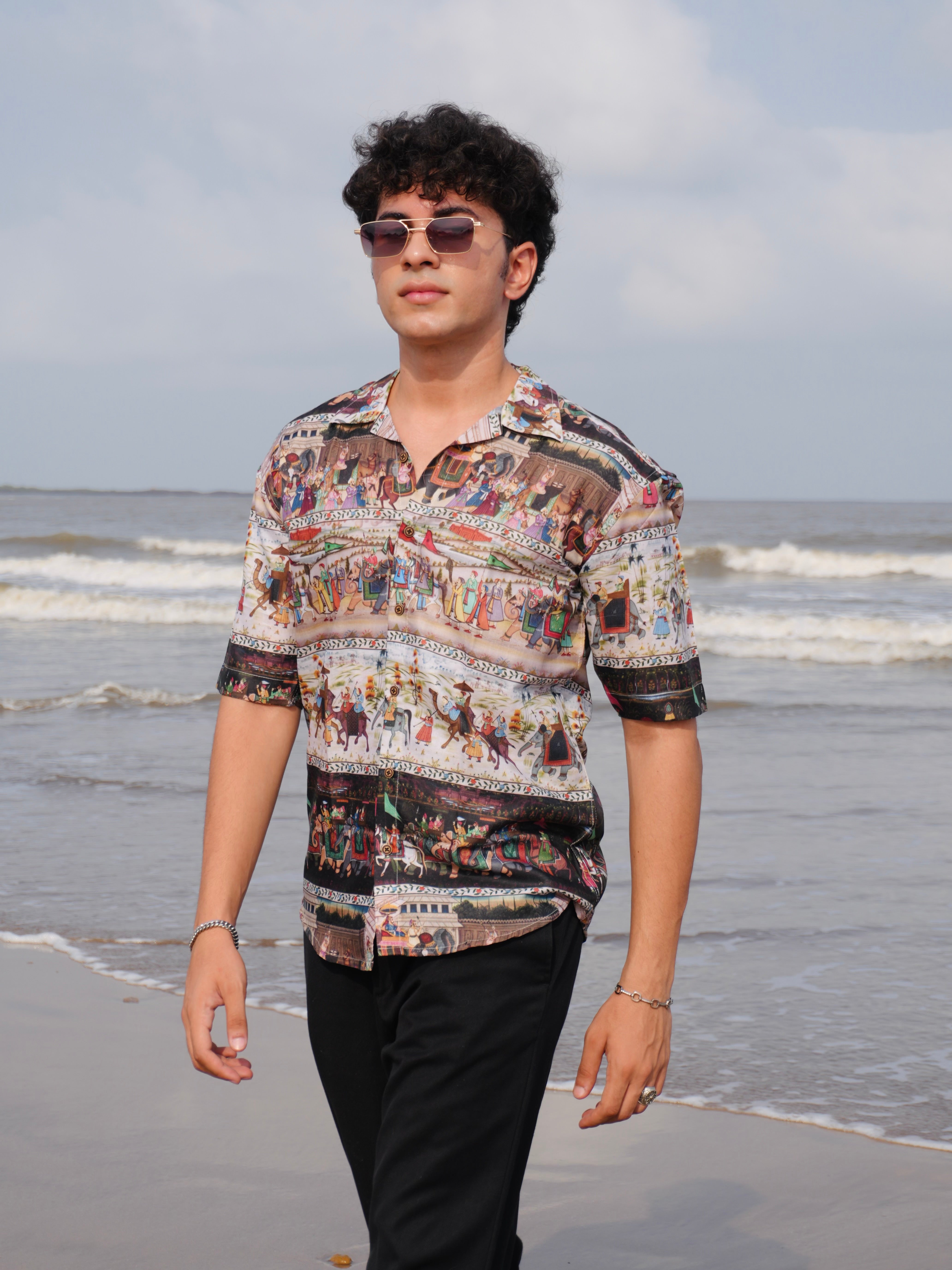 Firangi Yarn Black Linen Cuban Collar Fusion Printed Oversize Shirt - Tribal Black