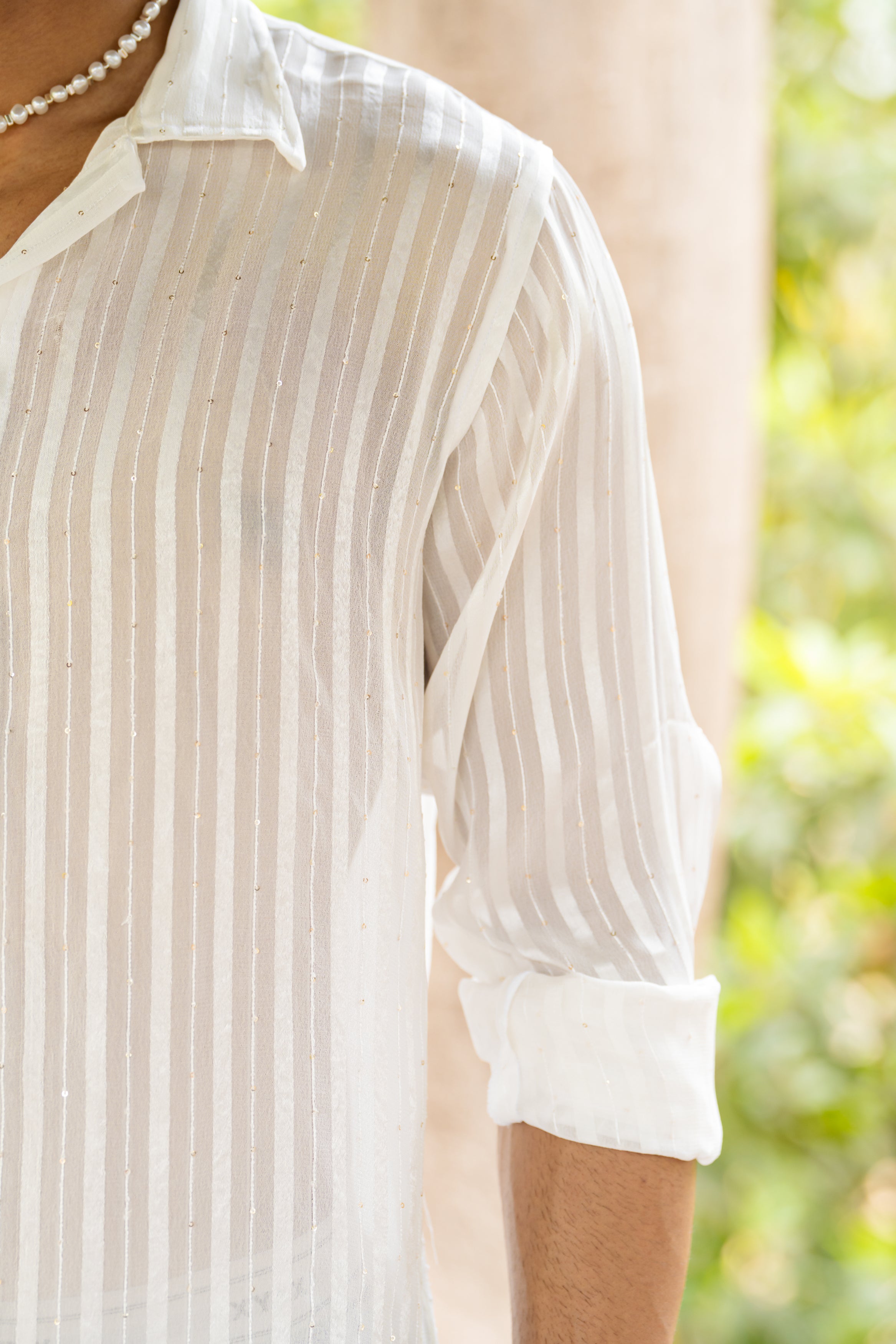 Firangi Yarn Relaxed Spread Collar Semi Sheer Satin Striped Mens Party Shirt - White