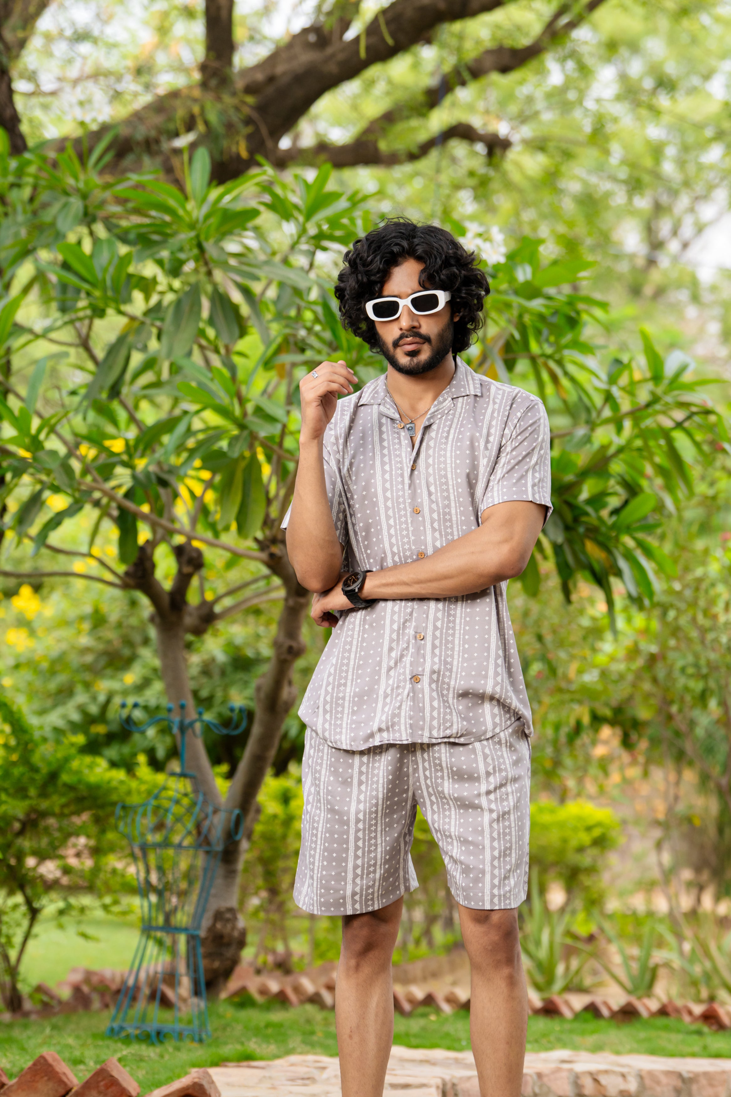 Firangi Yarn Printed Cuban Collar Grey Mandala Floral Summer Lounge and Beach Co-ord Set For Men