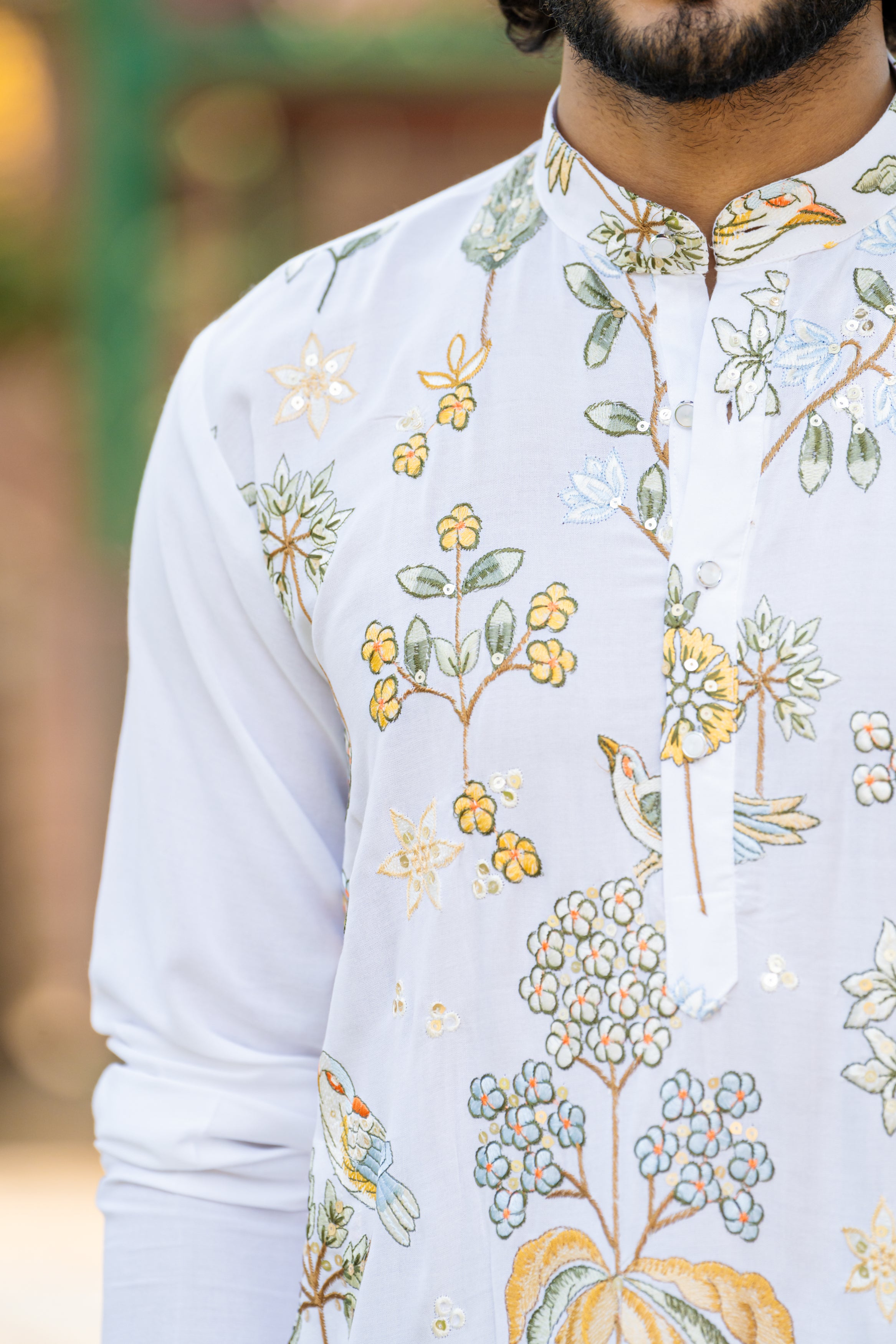 Firangi Yarn Cotton blend Botanical Thread Work Embroidery with Sequence Wedding and Festive Kurta - White