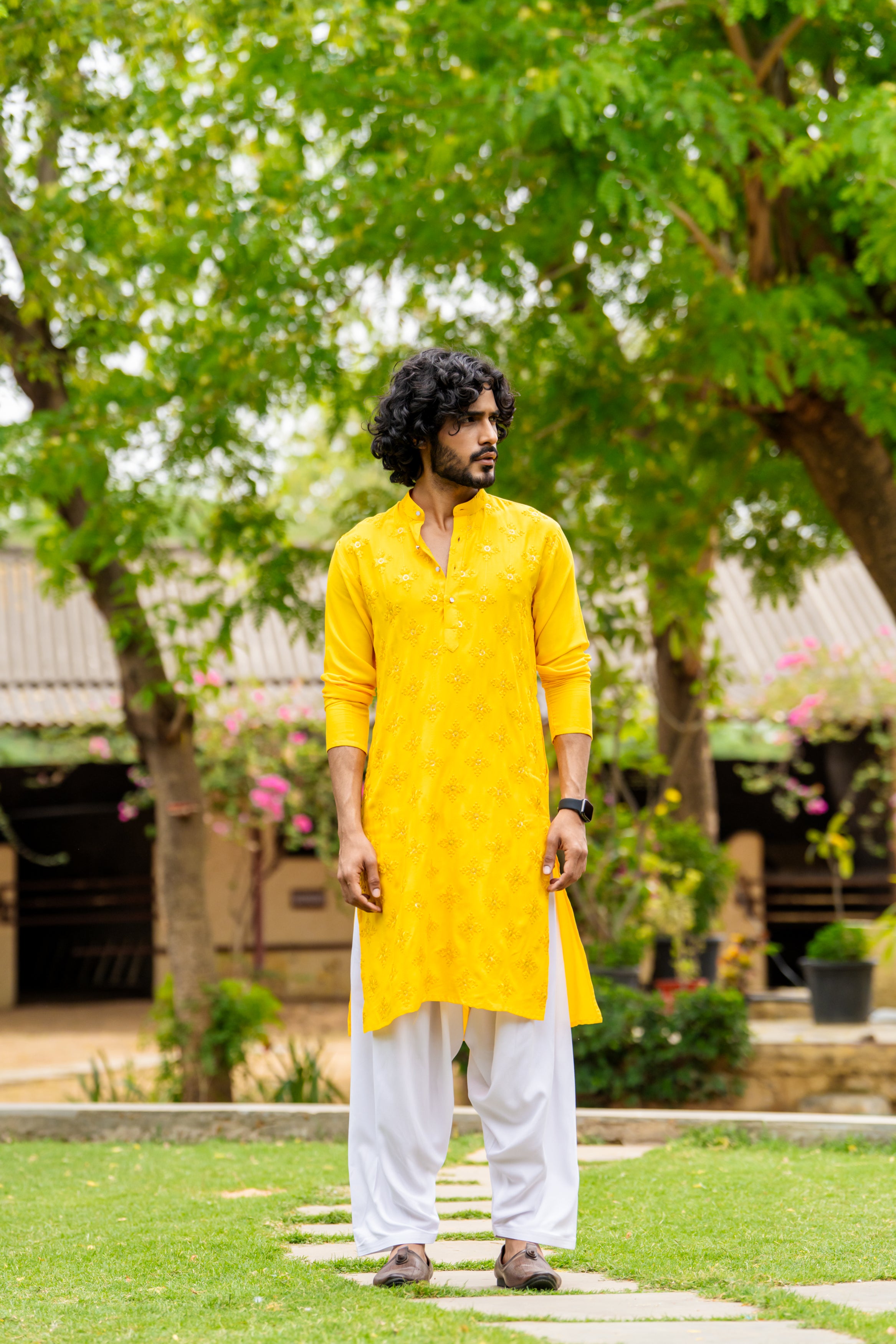 Firangi Yarn Yellow Chikan & Sequin Chikankari Motif Wedding Wear Cotton Kurta For Men - Laddu Peela