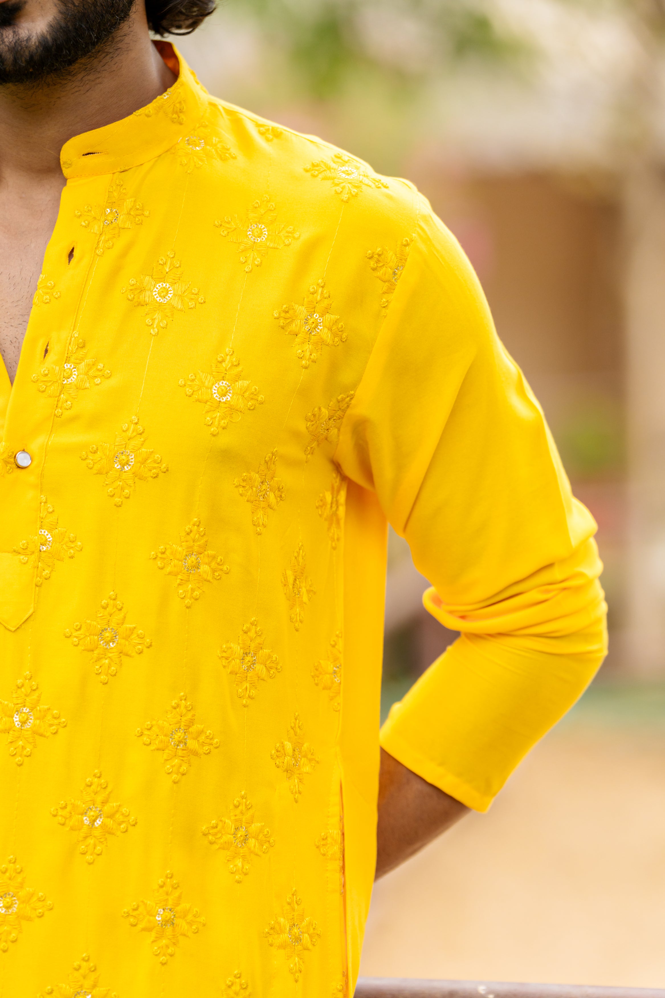 Firangi Yarn Yellow Chikan & Sequin Chikankari Motif Wedding Wear Cotton Kurta For Men - Laddu Peela