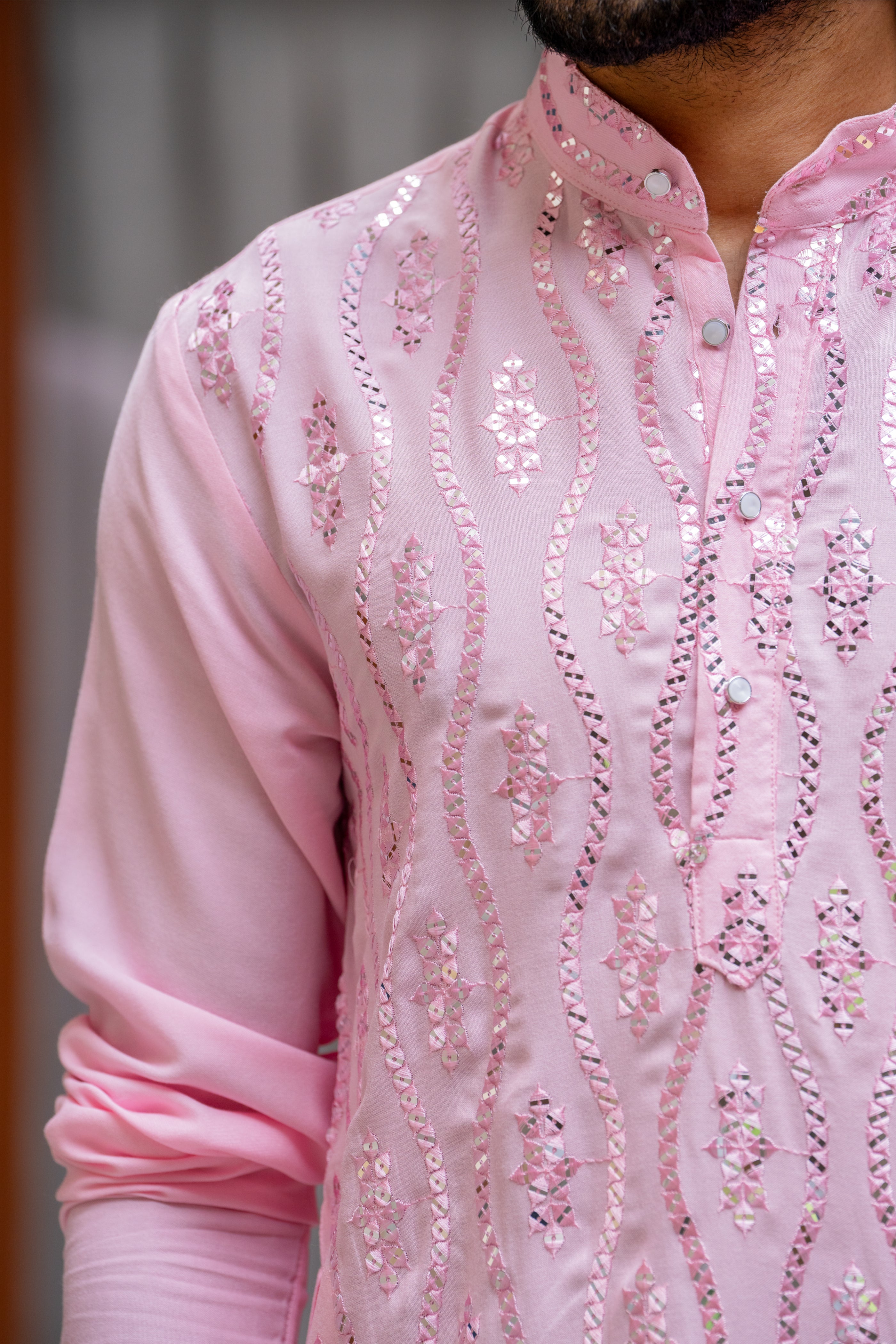 Firangi Yarn White Chikan & Mirror Work Cotton Kurta For Men - Pink