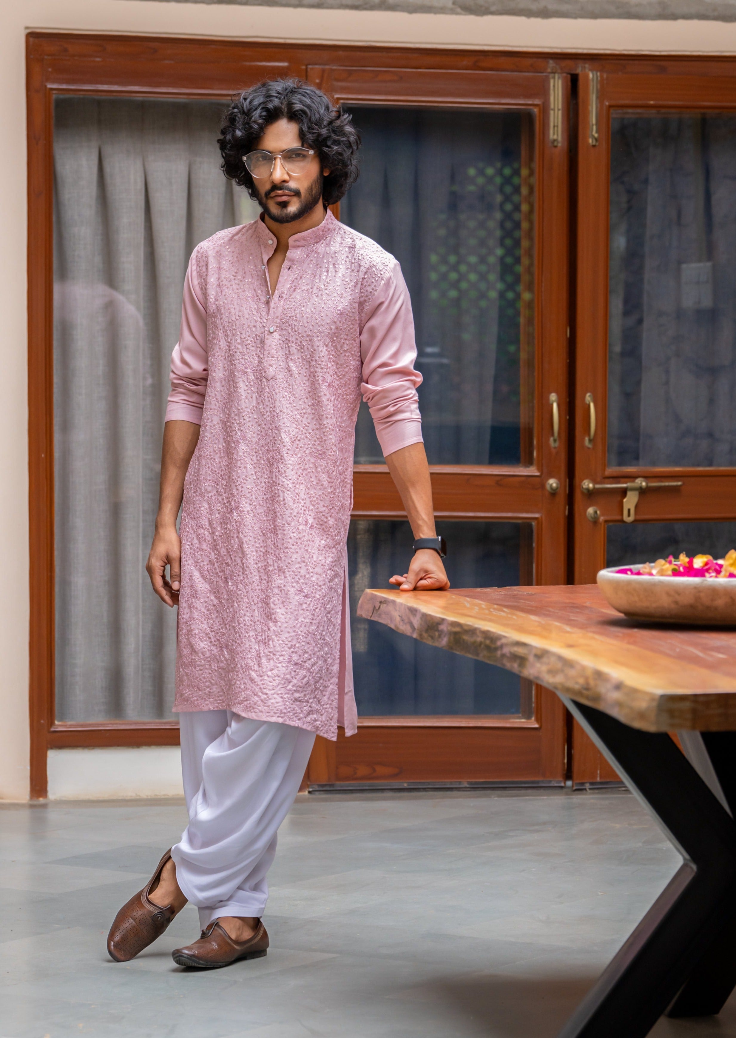 Firangi Yarn Lucknowi Lakhnavi Chikankari Heavy Sequin Work Cotton Kurta For Men Mocha Pink - Heavy Embroidery