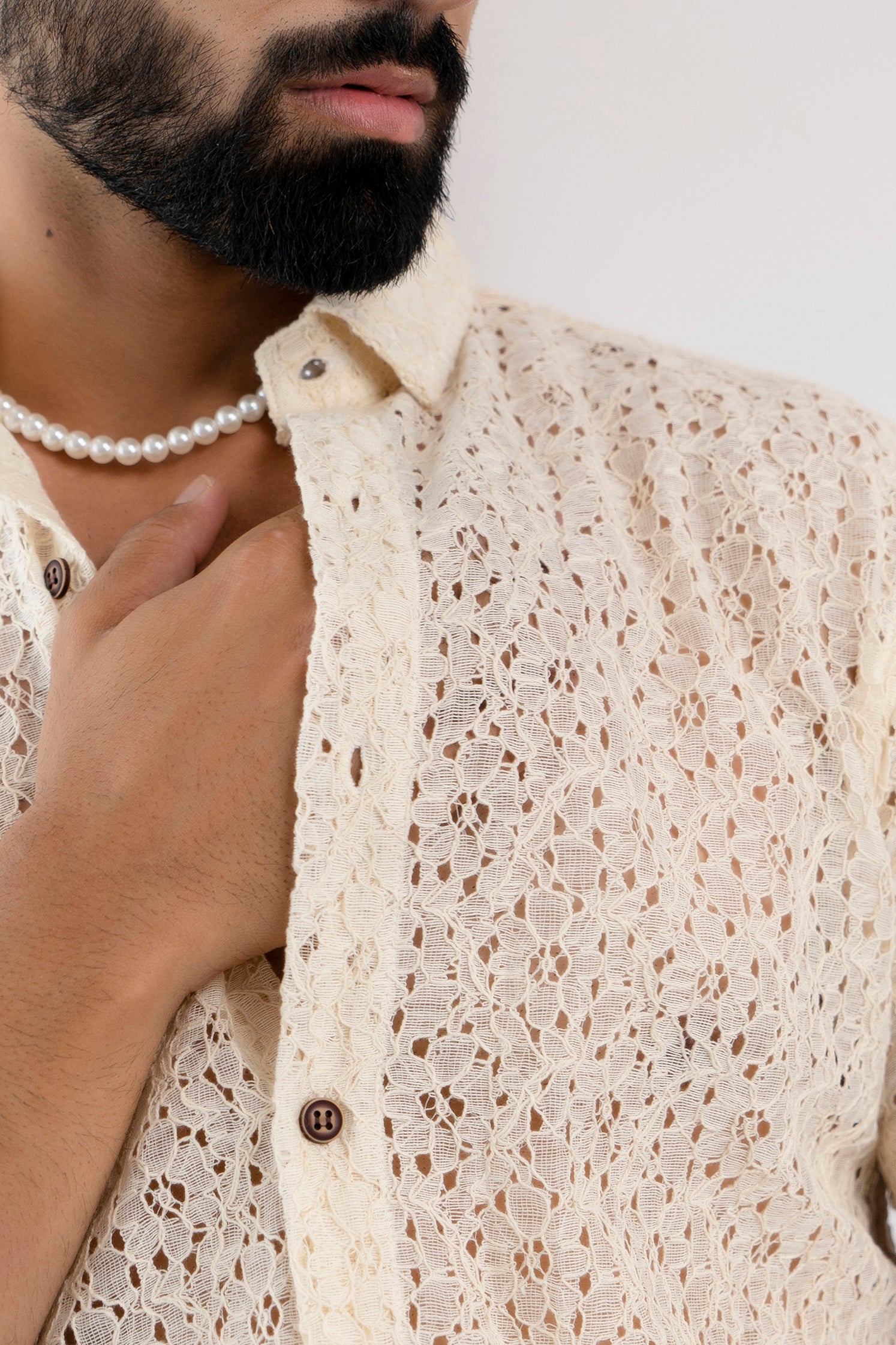Firangi Yarn Crochet Cotton Off White Ivory Lace Shirt For Men