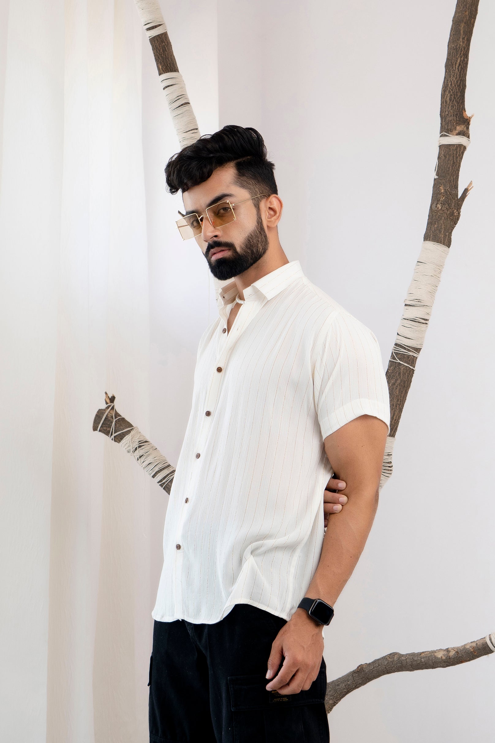 Relaxed Fit Super Flowy Re-engineered Cotton Lurex- Half Sleeves Party Shirt White(Take one size smaller)