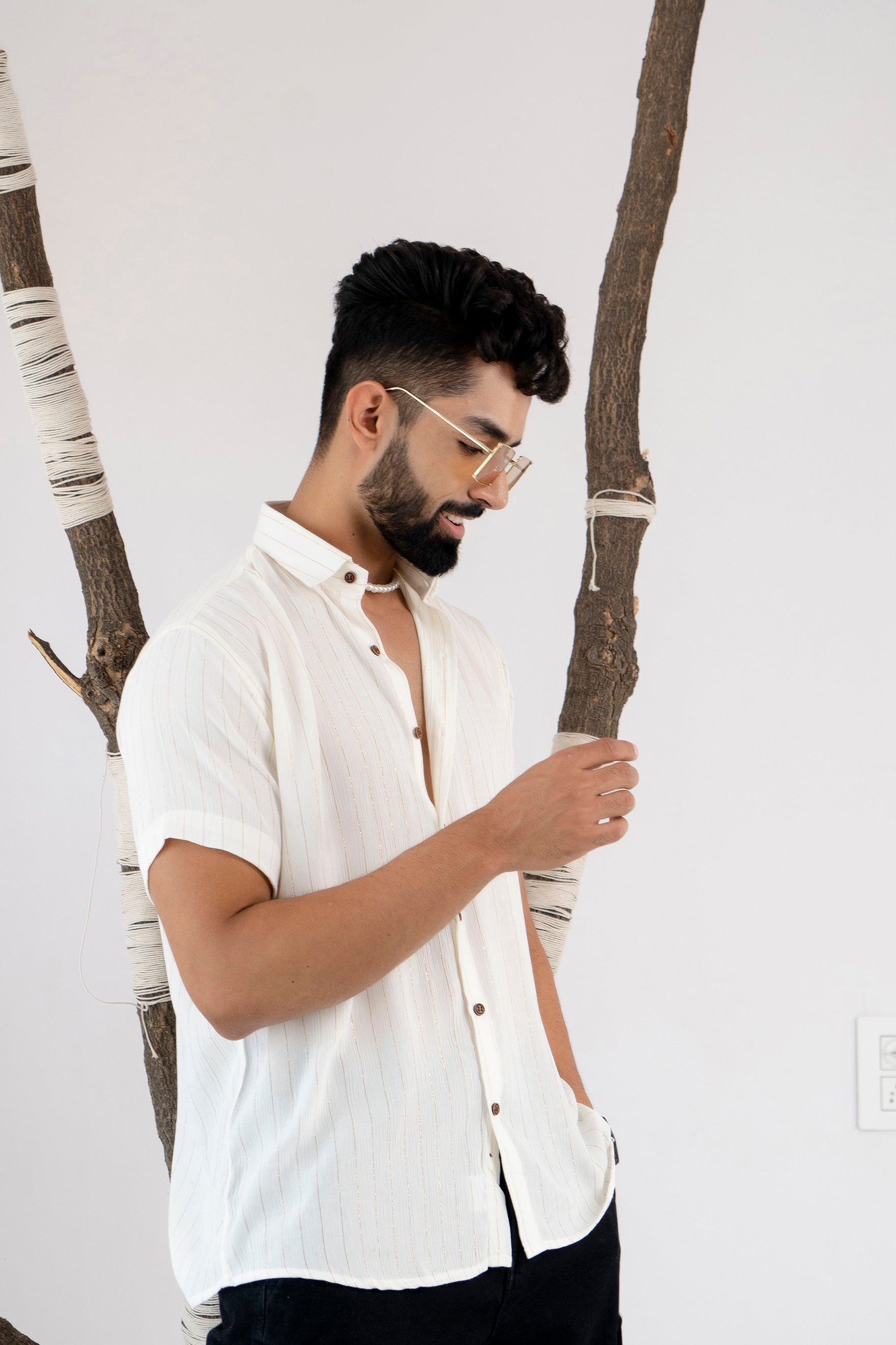Relaxed Fit Super Flowy Re-engineered Cotton Lurex- Half Sleeves Party Shirt White(Take one size smaller)