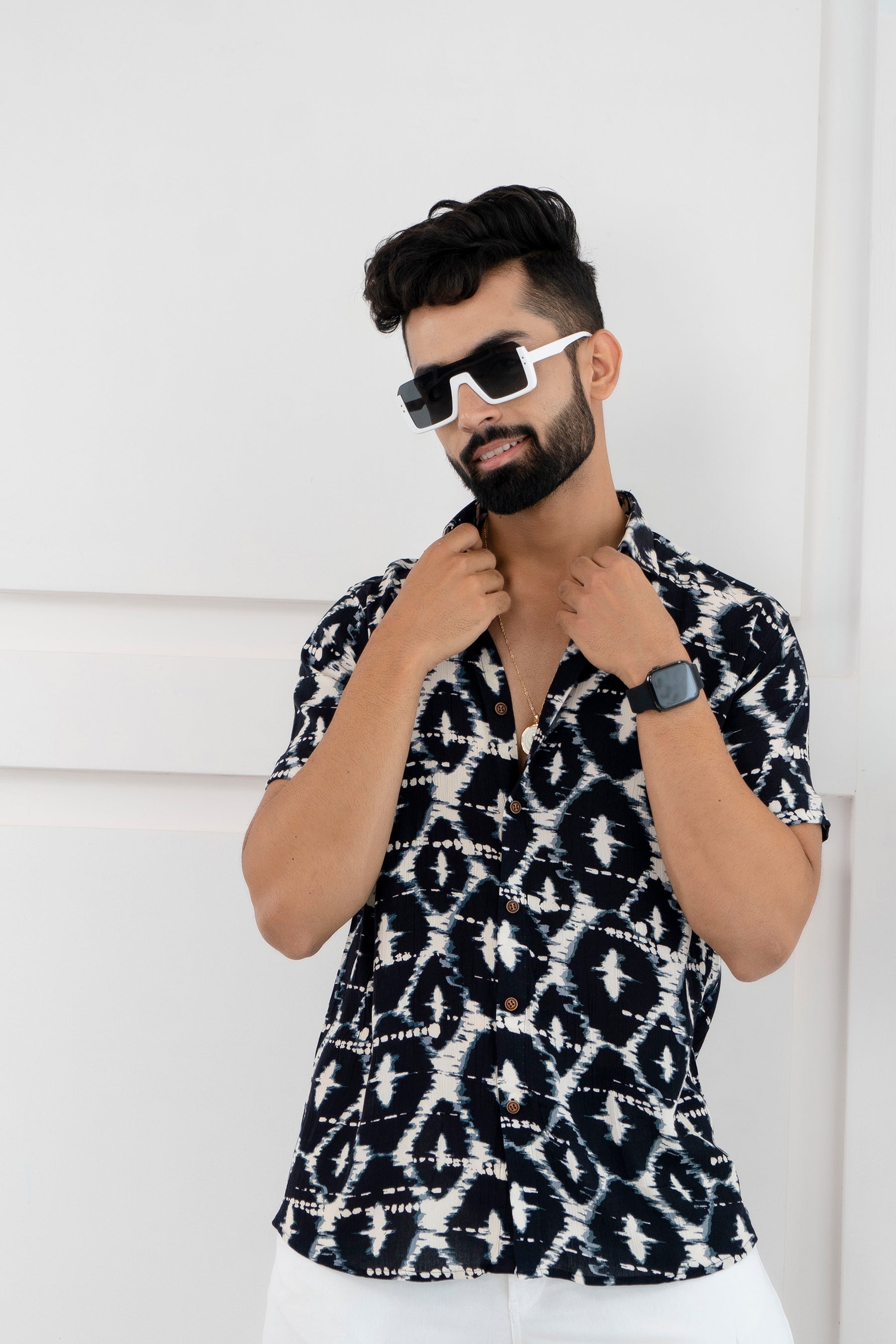 Firangi Yarn Relaxed Fit Super Flowy Re-engineered Cotton Printed Shirt- Half Sleeves (London Black)