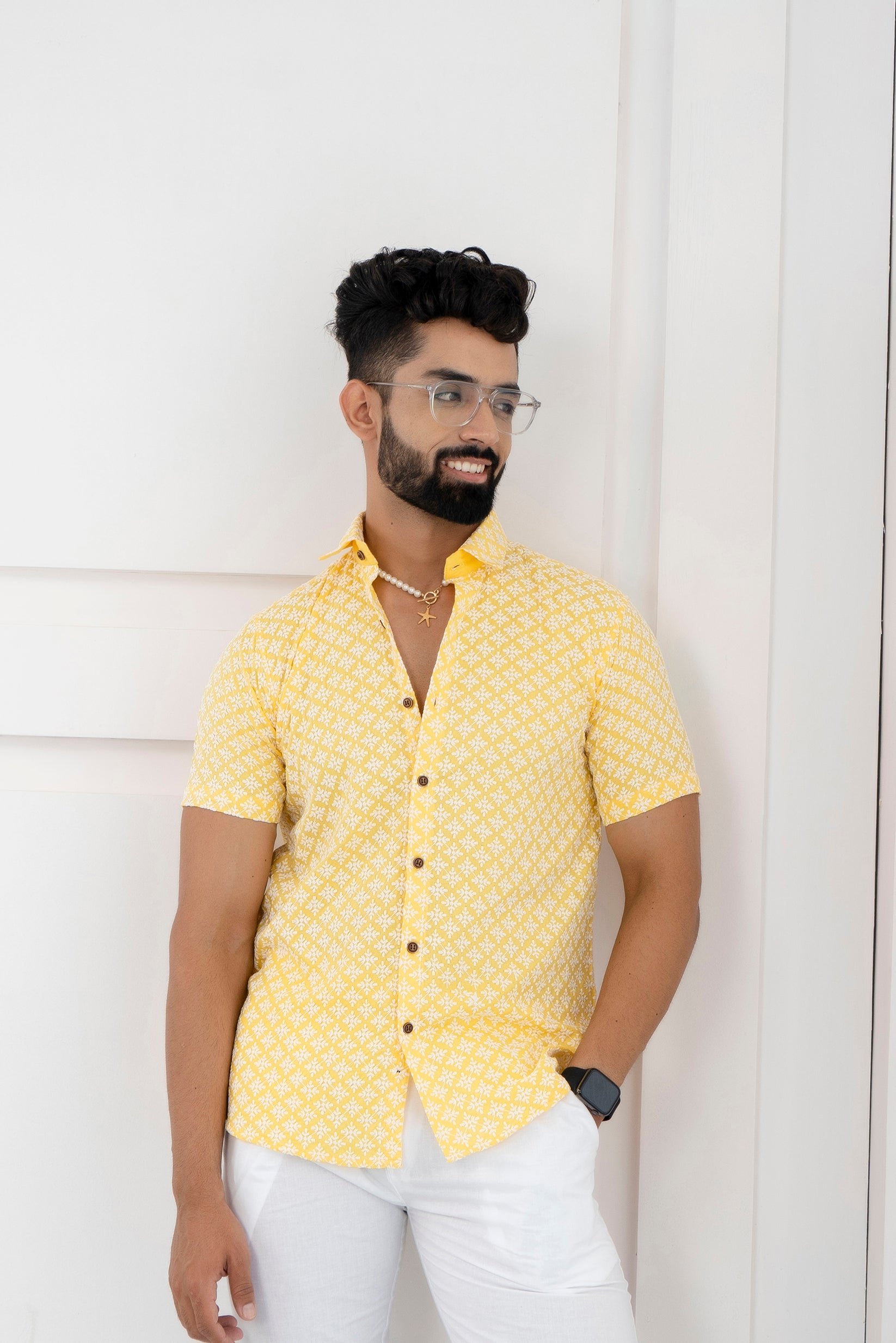 Firangi Yarn Super Soft Half Sleeves Chikankari schiffli Embroided Men's Shirt Yellow
