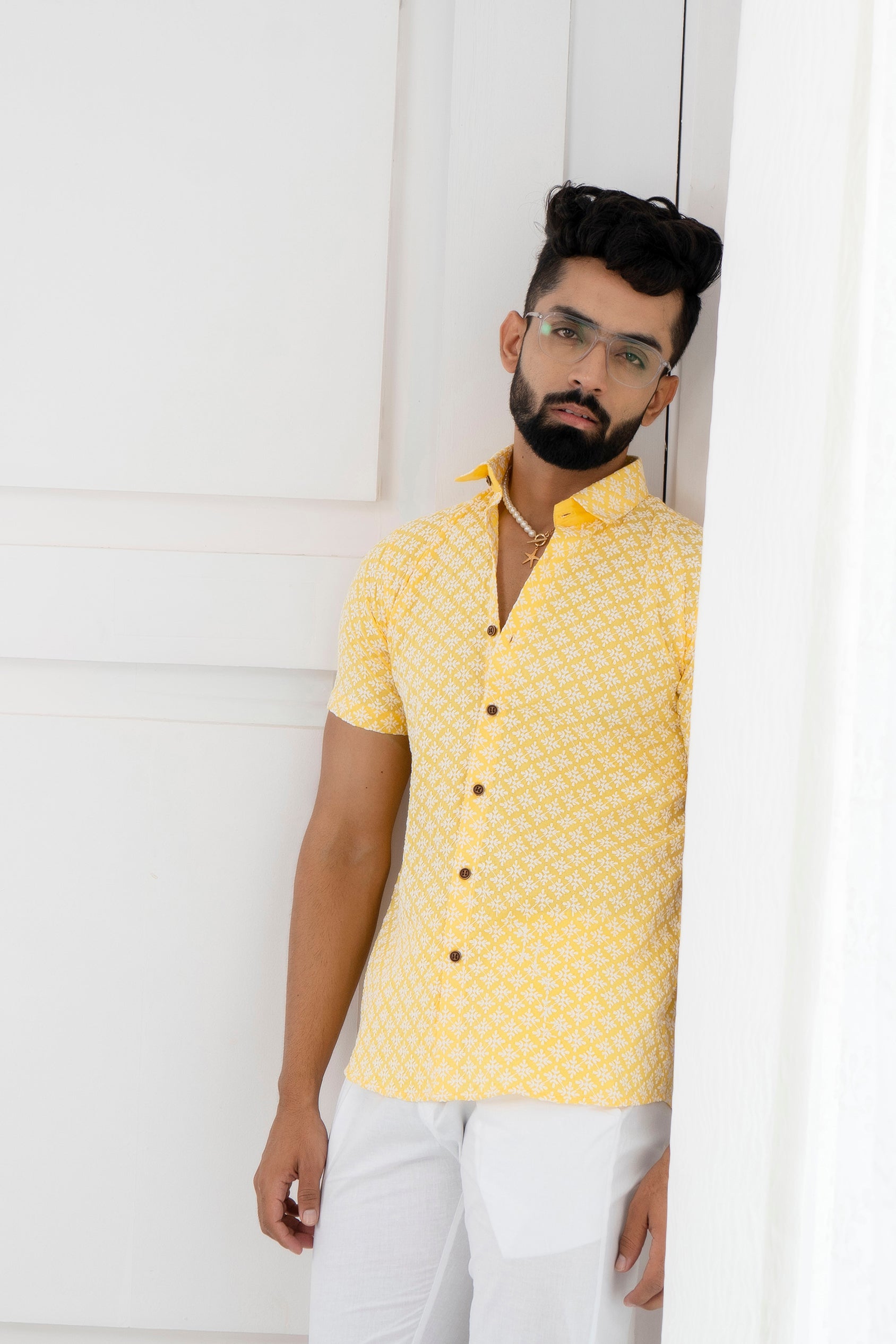 Firangi Yarn Super Soft Half Sleeves Chikankari schiffli Embroided Men's Shirt Yellow