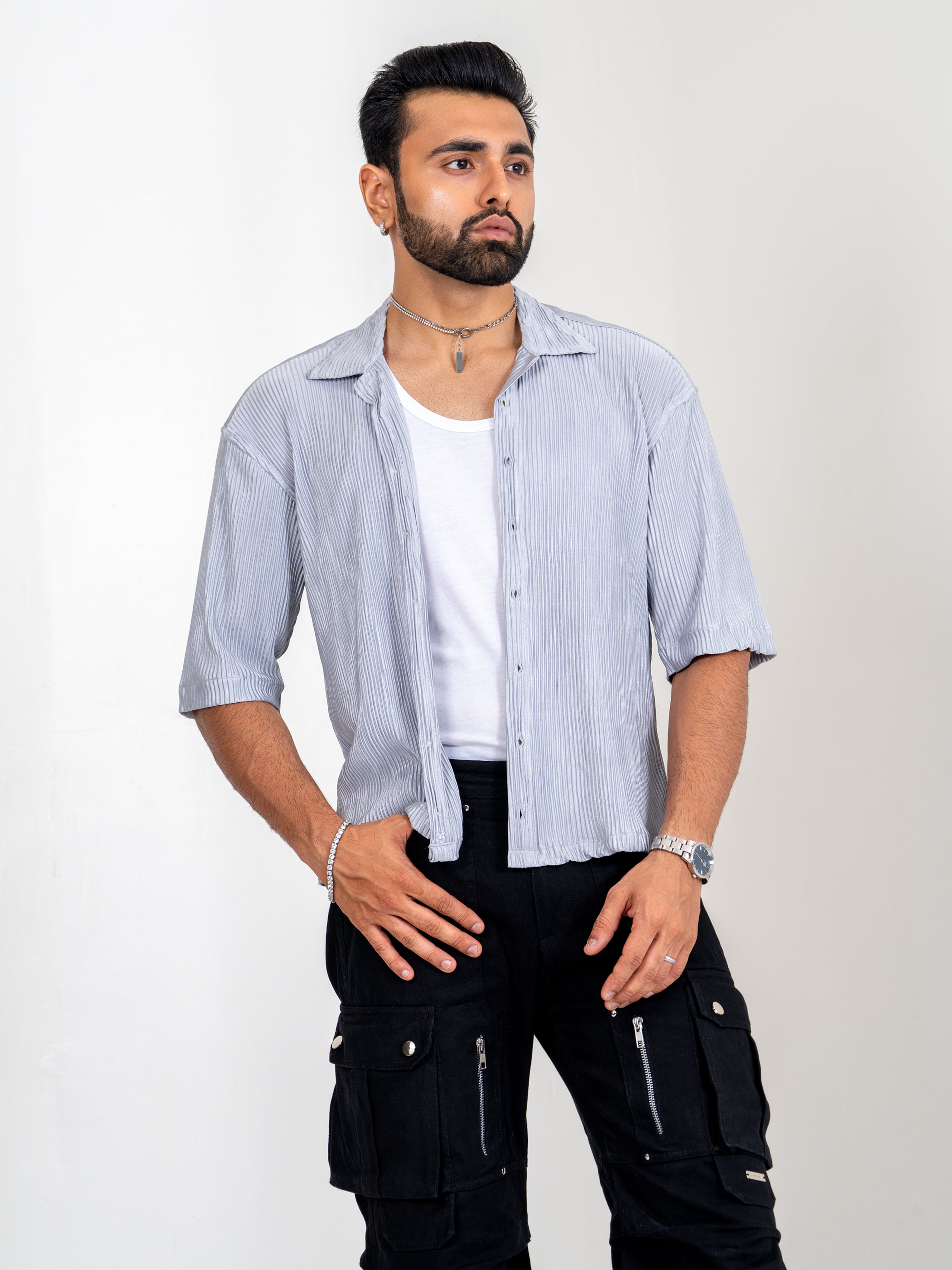 Firangi Yarn Pleat Creased Oversized Cropped Shirt with Camp Collar - Silver Chrome