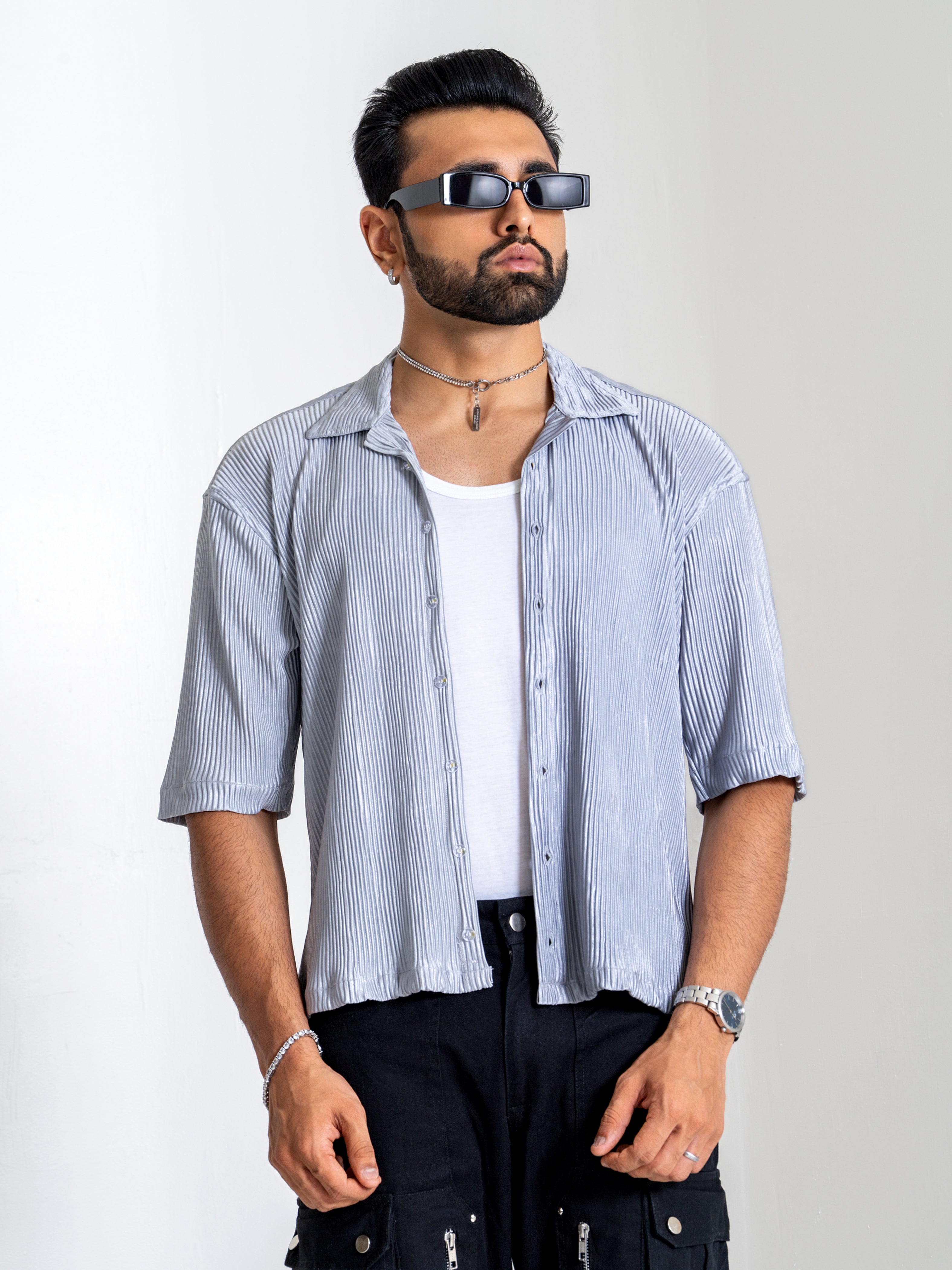 Firangi Yarn Pleat Creased Oversized Cropped Shirt with Camp Collar - Silver Chrome