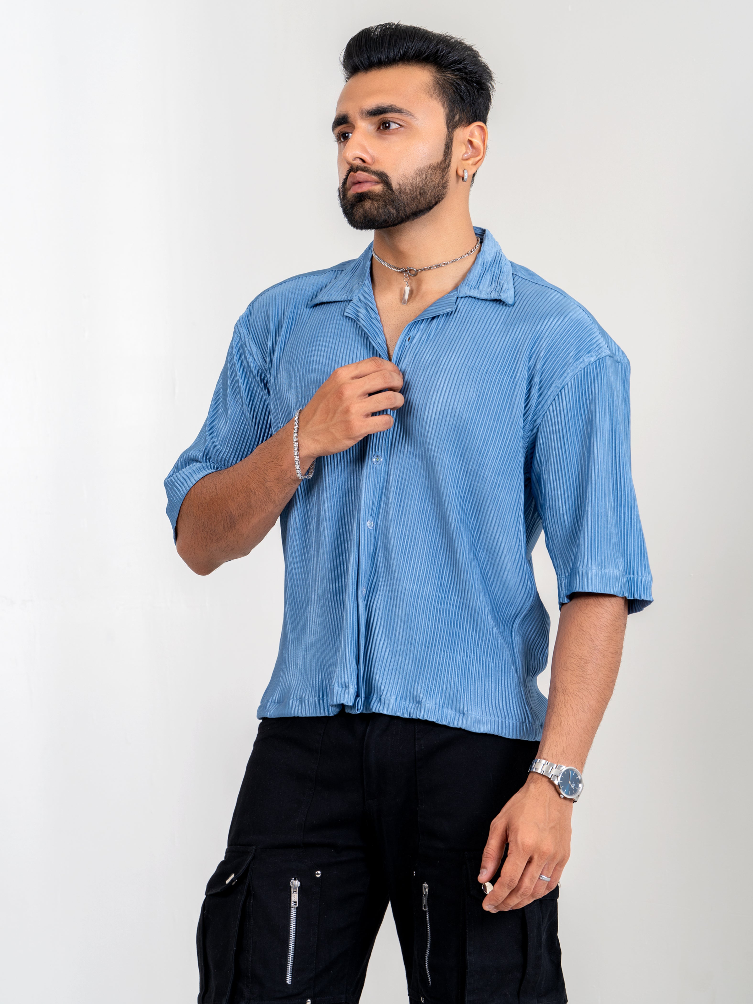 Firangi Yarn Pleat Creased Oversized Cropped Shirt with Camp Collar - Teal Blue Chrome