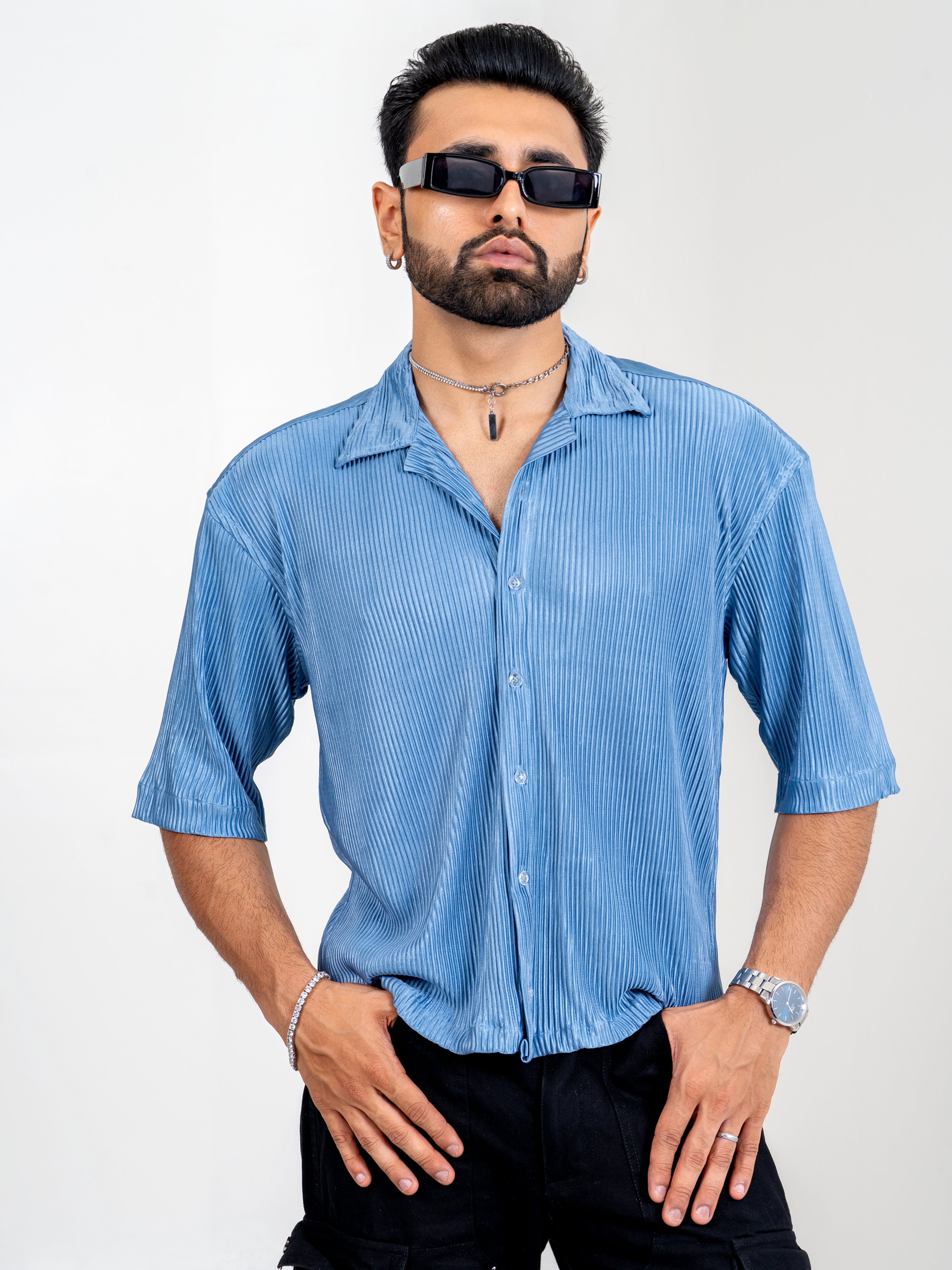 Firangi Yarn Pleat Creased Oversized Cropped Shirt with Camp Collar - Teal Blue Chrome