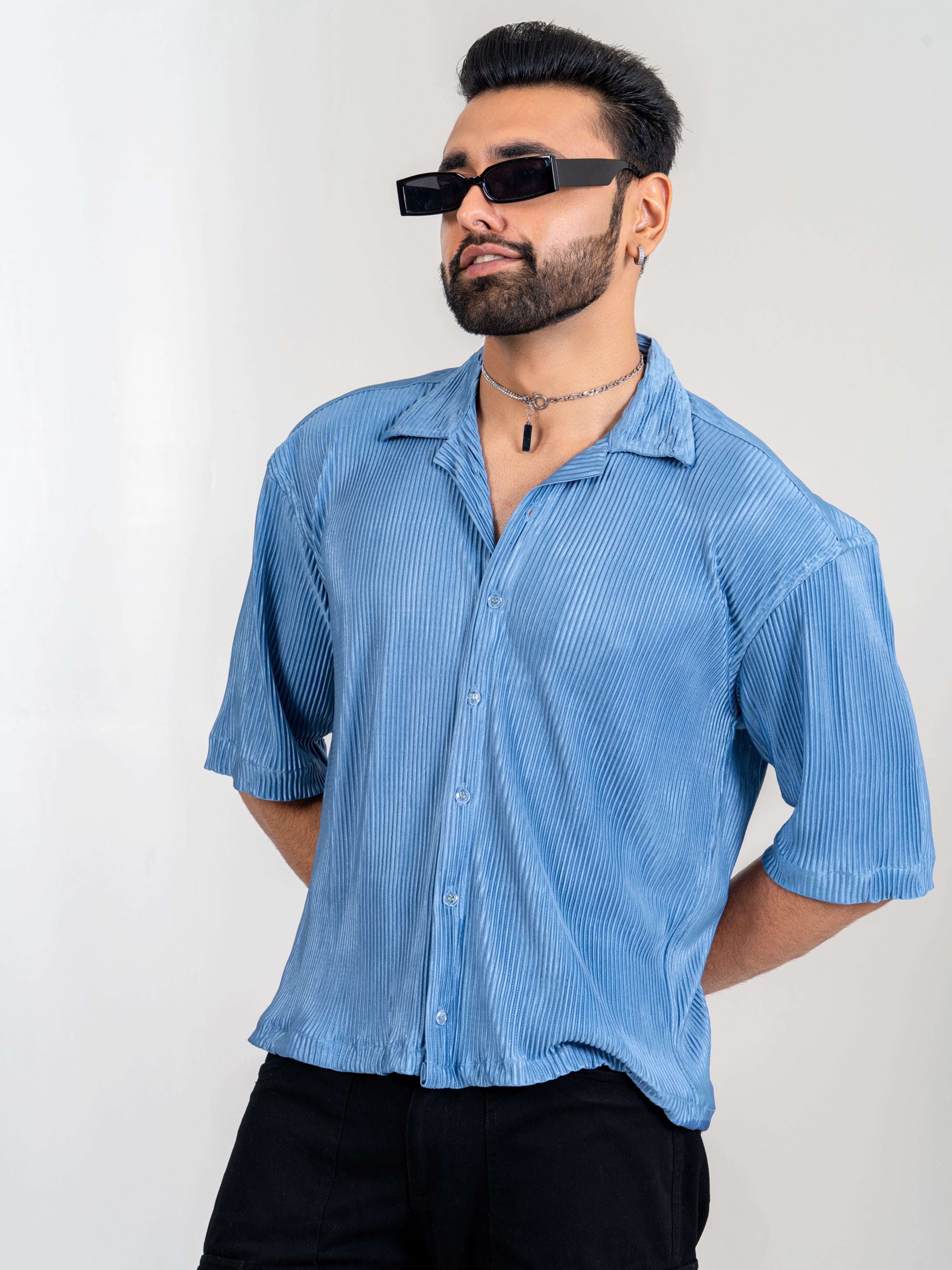 Firangi Yarn Pleat Creased Oversized Cropped Shirt with Camp Collar - Teal Blue Chrome