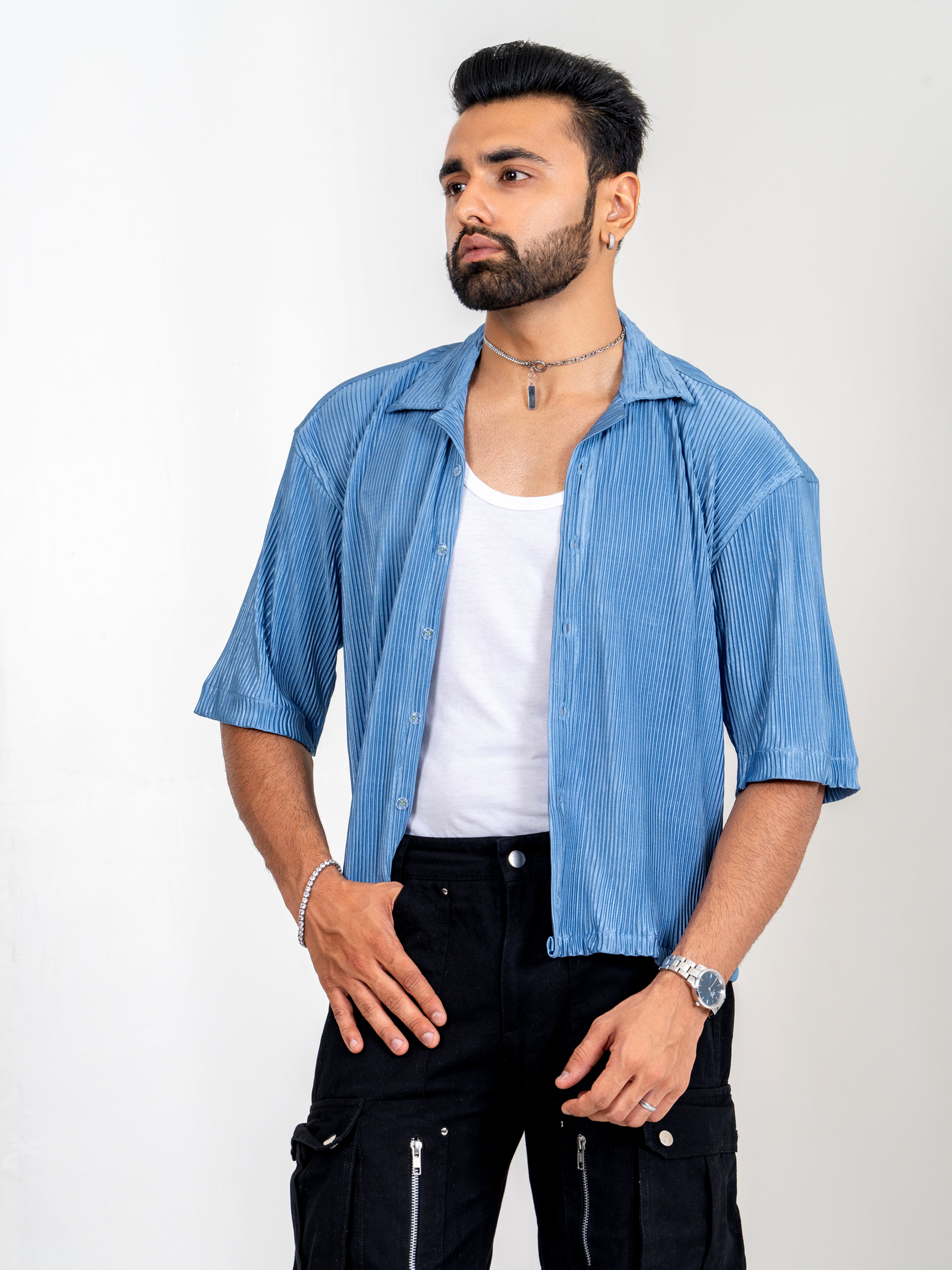 Firangi Yarn Pleat Creased Oversized Cropped Shirt with Camp Collar - Teal Blue Chrome