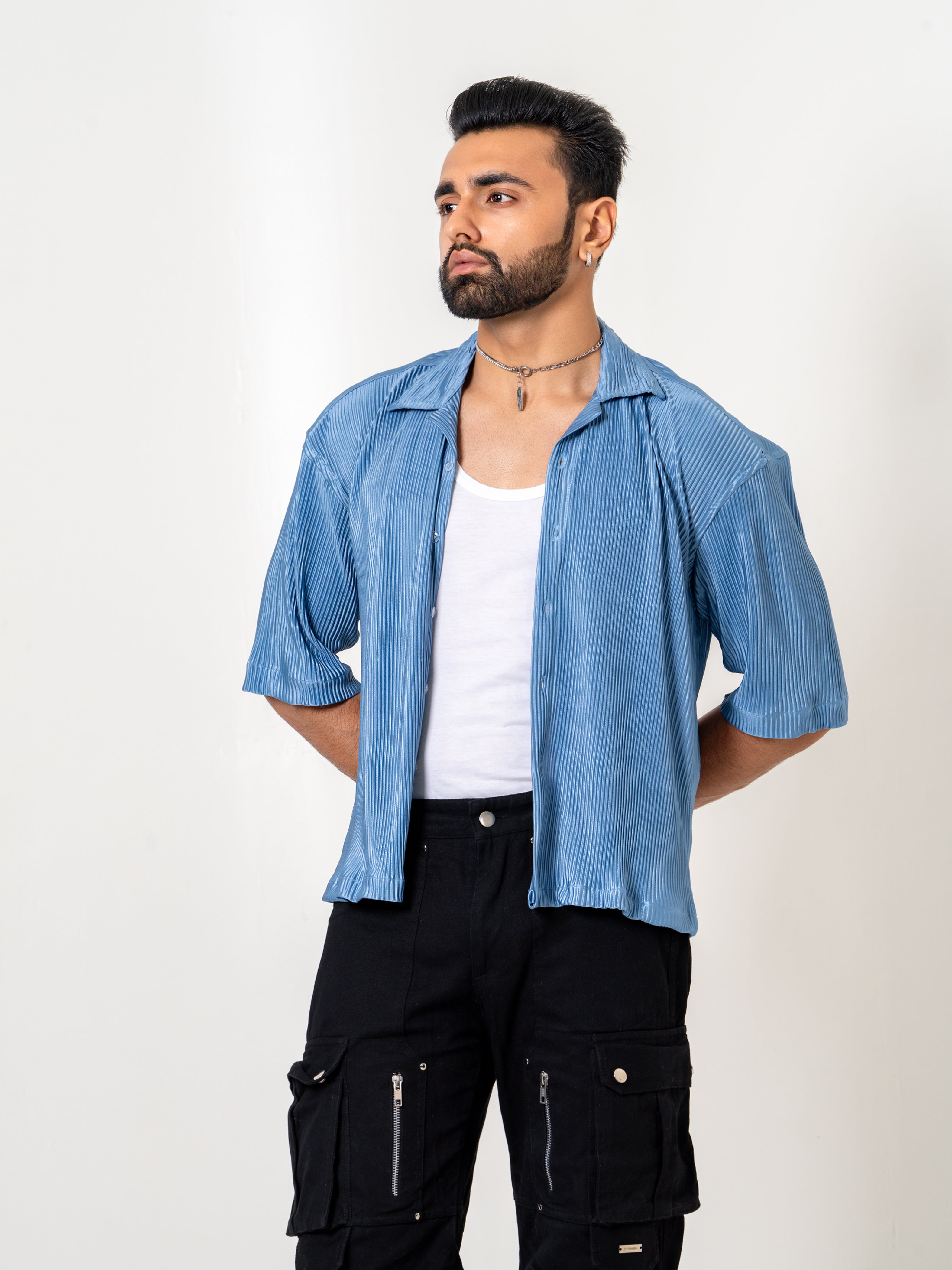 Firangi Yarn Pleat Creased Oversized Cropped Shirt with Camp Collar - Teal Blue Chrome