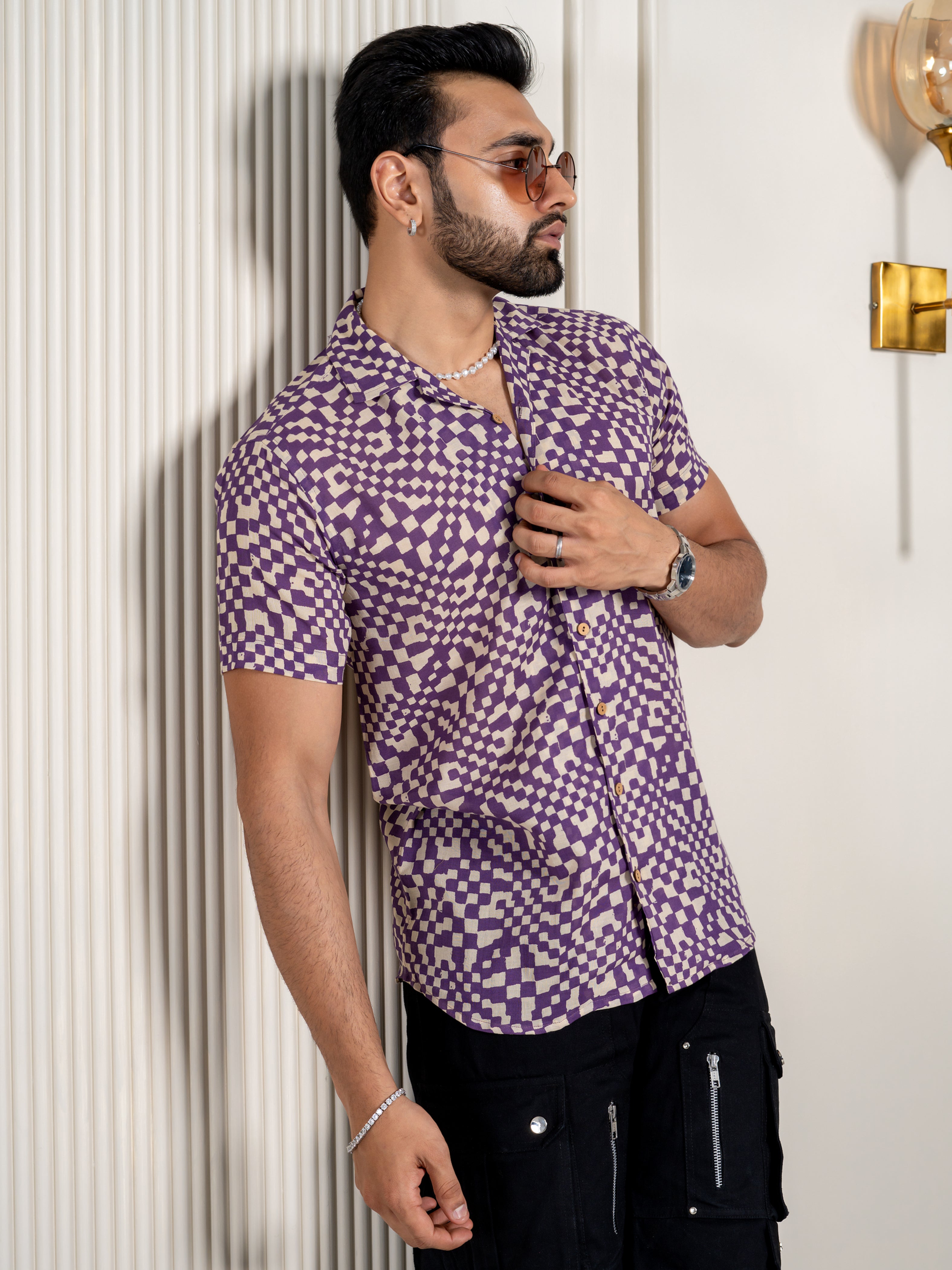 Firangi Yarn Jaipuri Printed  Beach Cuban Collar Casual Shirt Violet Blurs