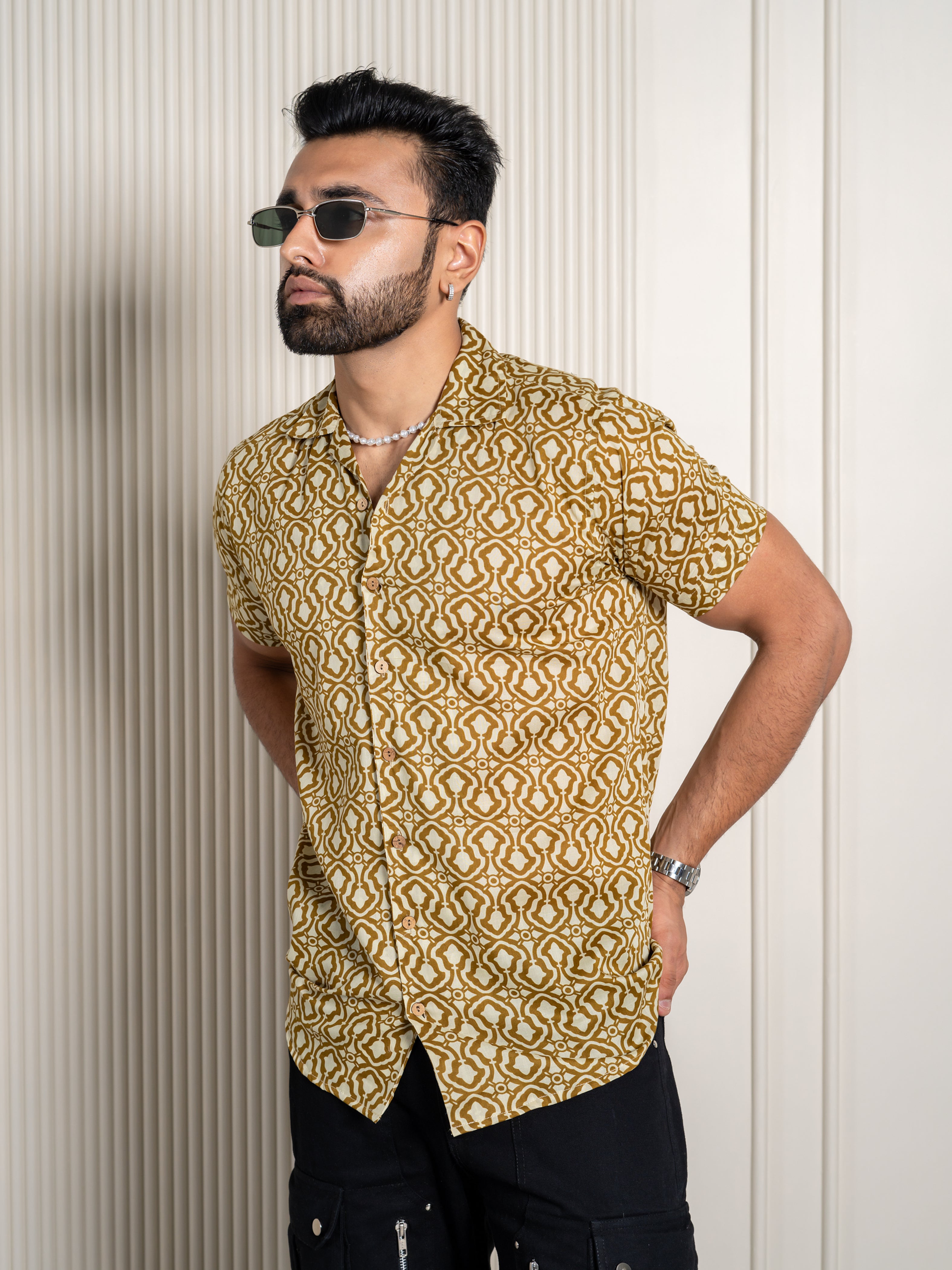 Firangi Yarn Jaipuri Printed  Beach Cuban Collar Casual Shirt Green Geomatry